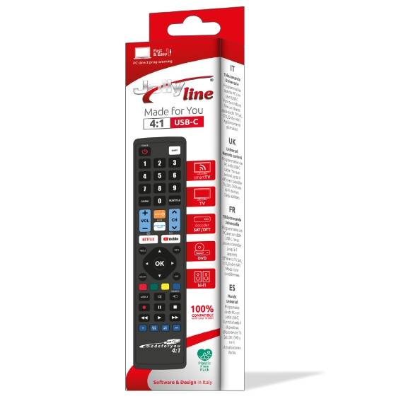 Product packaging for the Jollyline JL1771USB 4-in-1 universal remote, programmable via USB-C for TV, SAT, DVD, and other devices.
