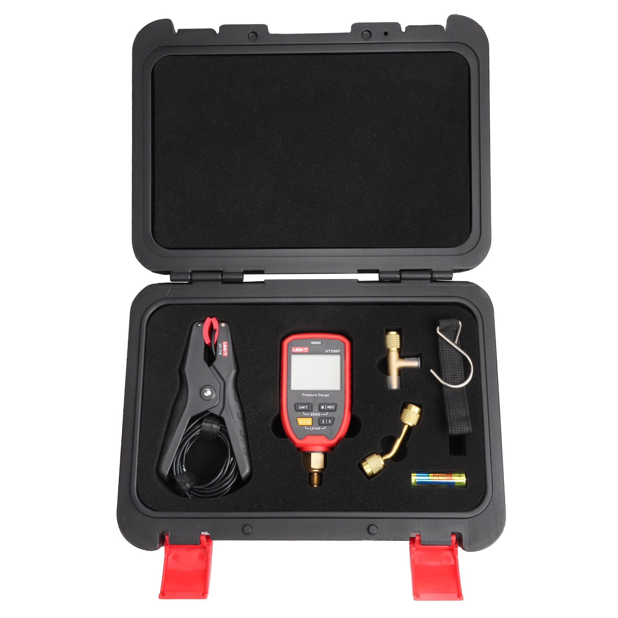 UNI-T UT336P KIT im geöffneten Hartschalenkoffer mit Temperaturzange, Adaptern und Zubehör.
