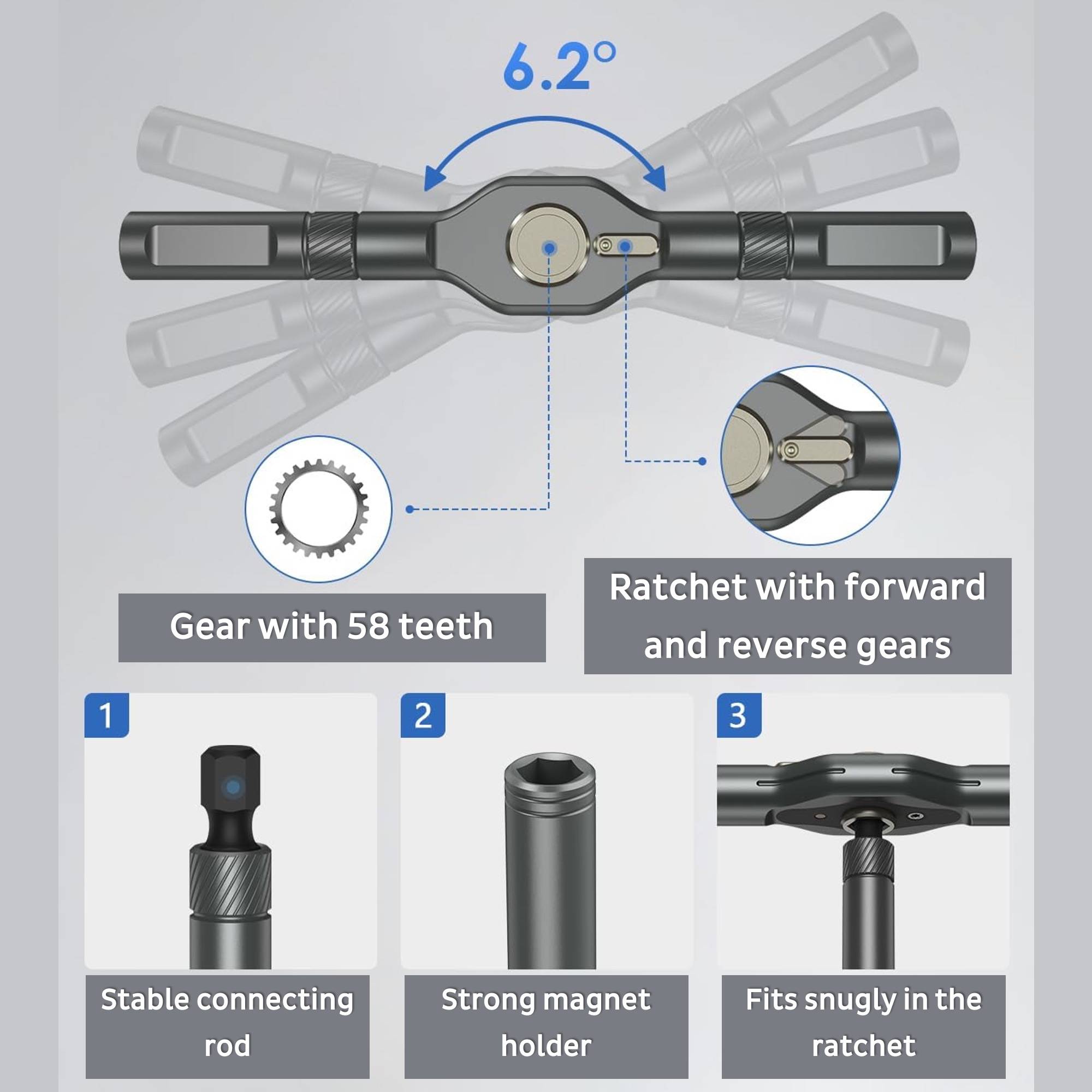 Technische Merkmale der PCWork PCW08K Ratsche: Feinverzahnung mit 58 Zähnen, 6.2° Winkel, Magnethalter und Umschaltmechanismus.