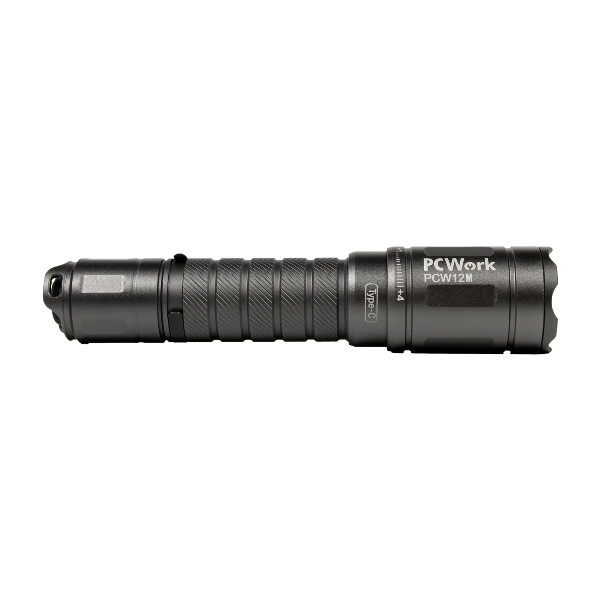 Seitenansicht der PCW12M LED-Taschenlampe mit Sicht auf den Zoomring und Typenbezeichnung