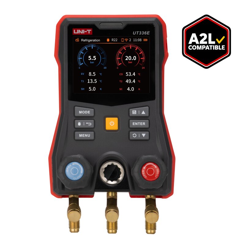 UT336E digital manifold gauge featuring A2L refrigerant compatibility badge