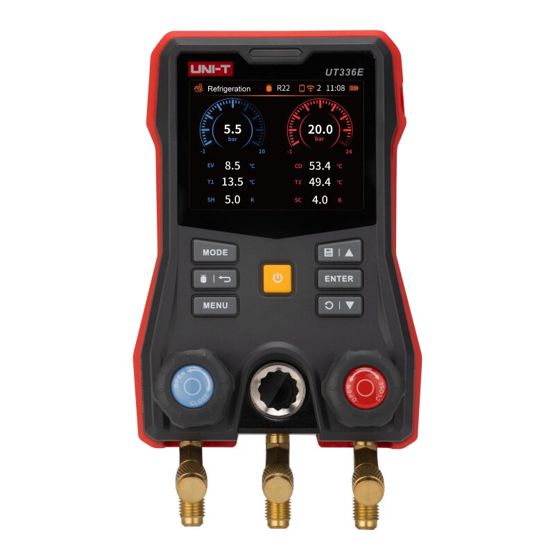 Front view of the UT336E digital manifold gauge showing color screen and control buttons