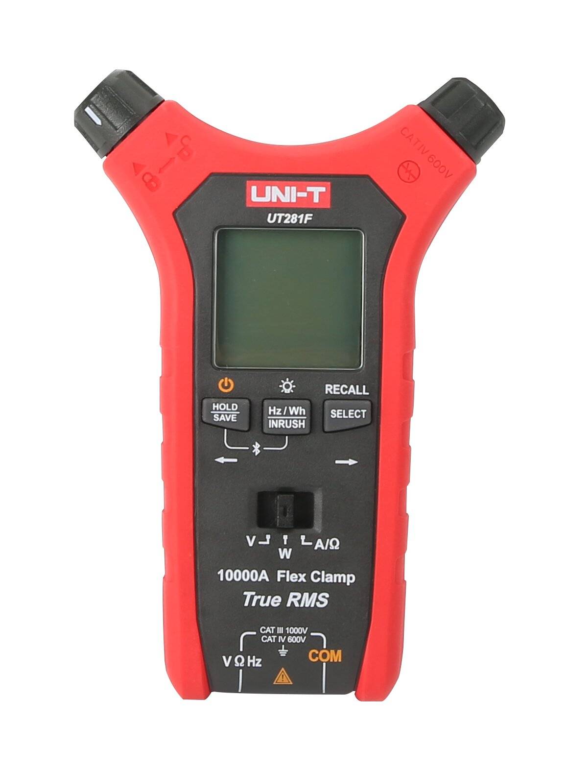 Nahaufnahme des Hauptgeräts der UNI-T UT281F Stromzange, die das Display, den Funktionswahlschalter und die Bedientasten zeigt.