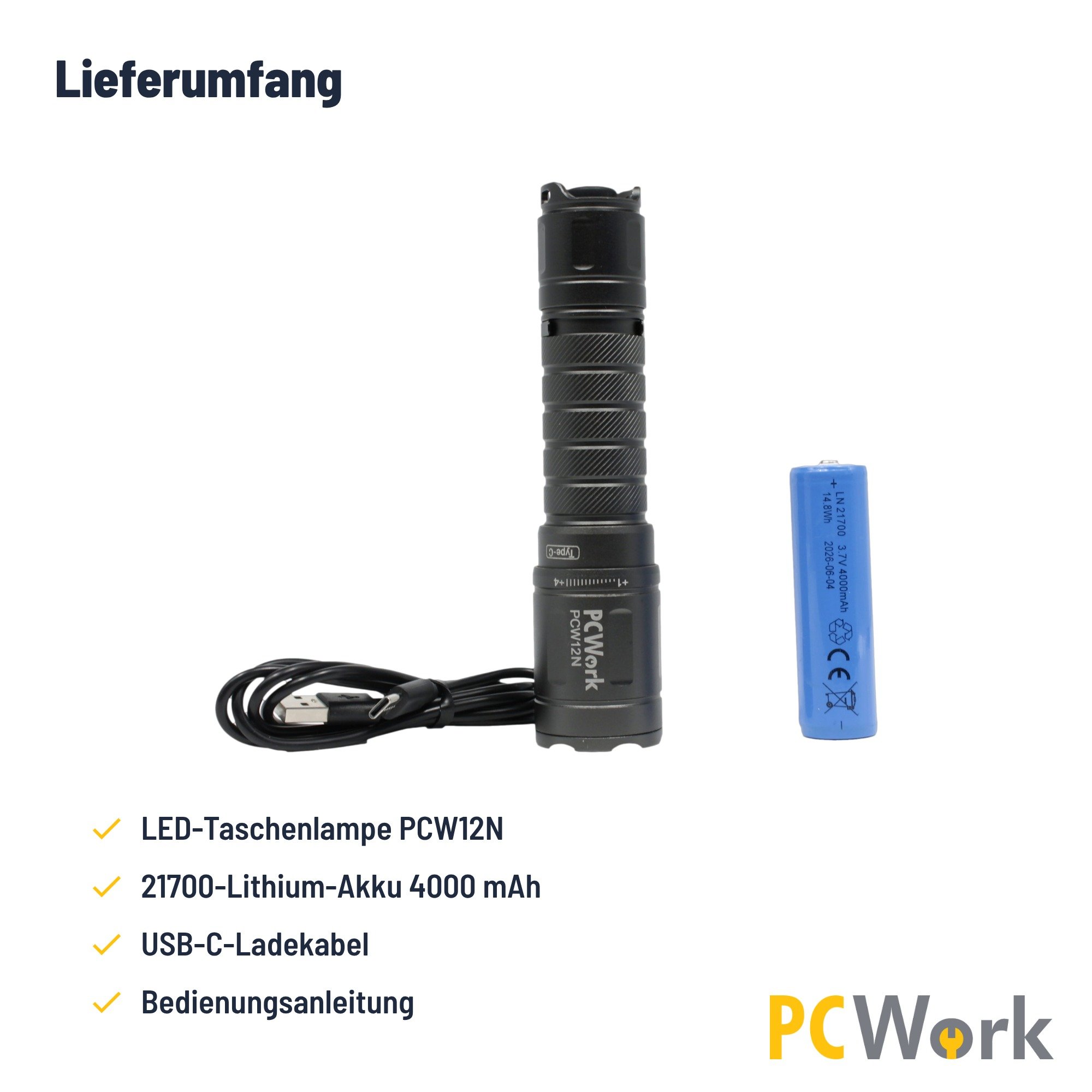 PCW12N Lieferumfang mit LED-Lampe, 21700-Lithium-Akku 4000 mAh und USB-C-Ladekabel