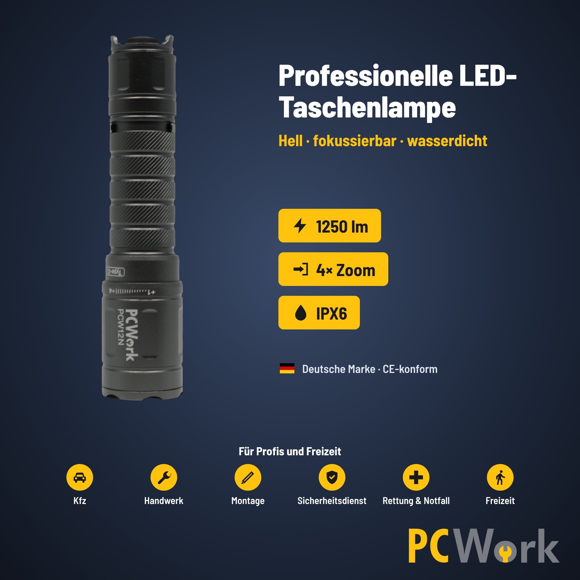 PCW12N LED-Taschenlampe Übersicht mit 1250 Lumen, 4-fach Zoom und IPX6 Schutzklasse