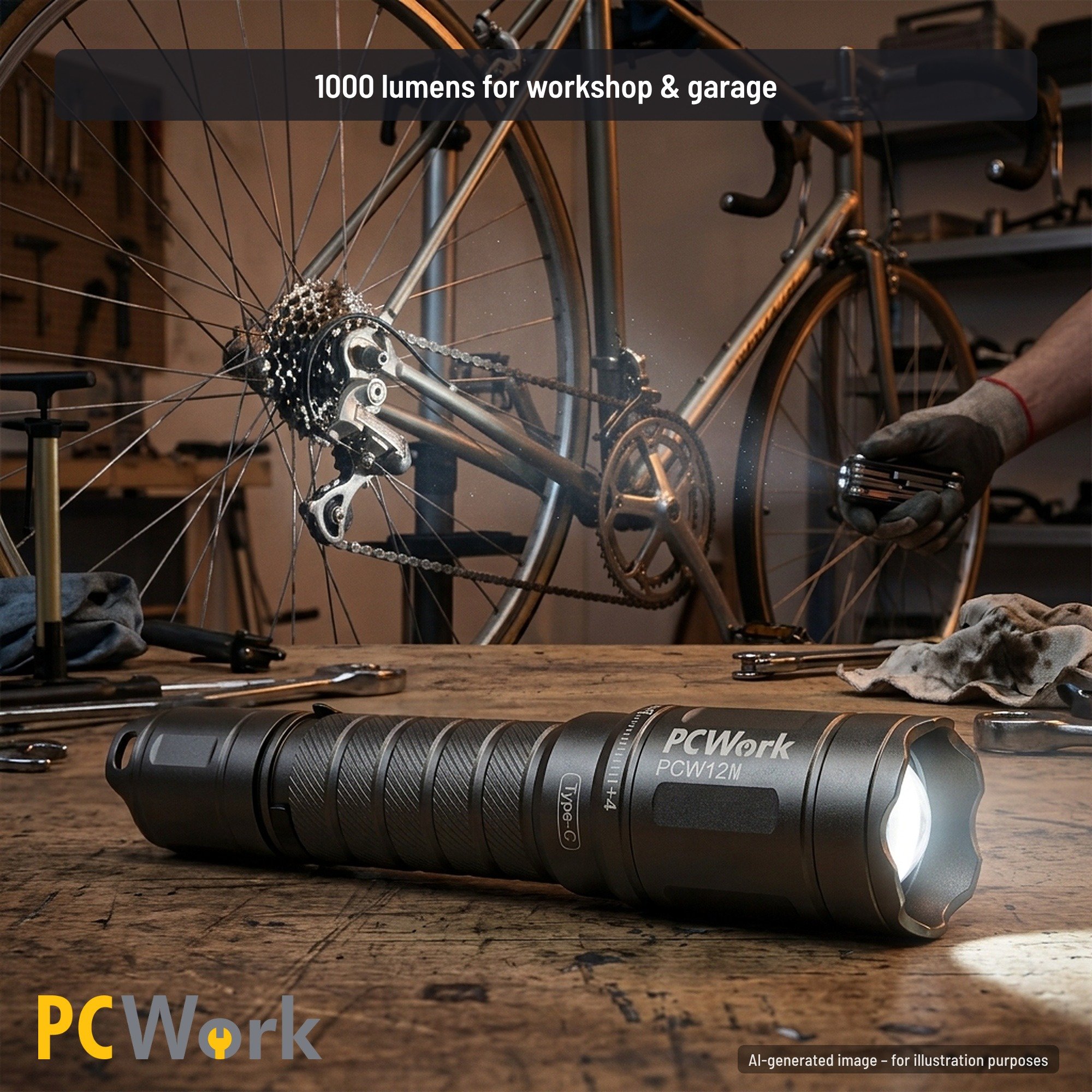 Englische Anwendungsszene der PCW12M LED-Taschenlampe bei Reparaturarbeiten am Fahrrad