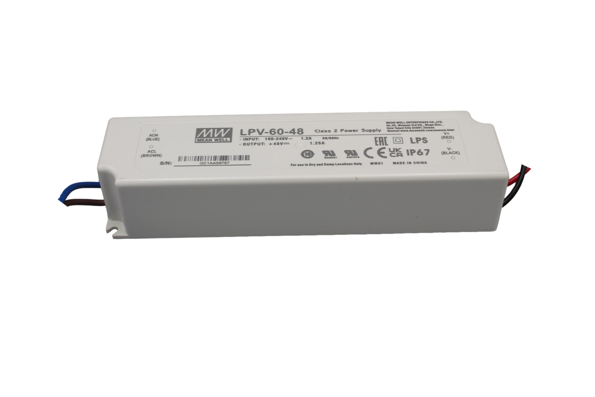 LPV-60-48 Led driver, Class2 60W, 48V, 1.25A CV, MEAN WELL