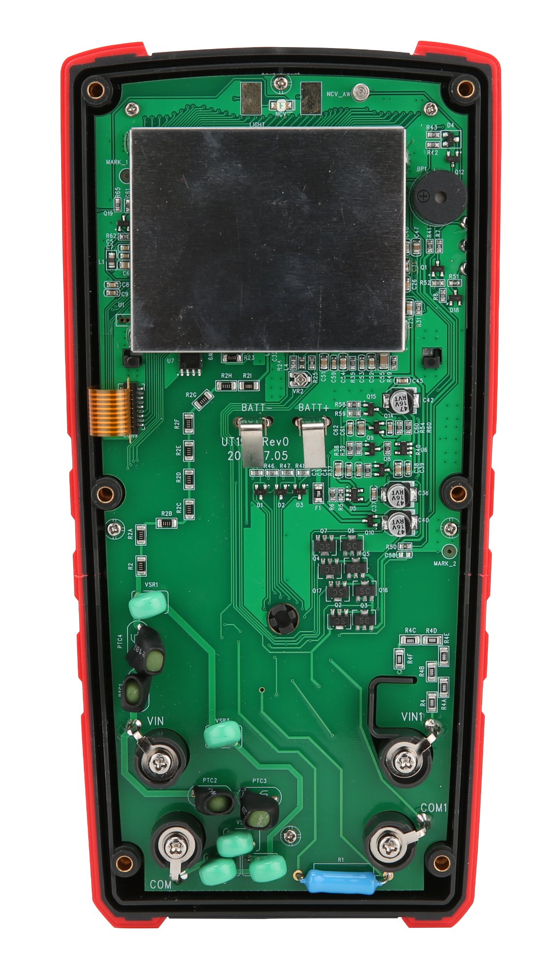 Internal view of the UT196 Solar Multimeter PCB showing circuit protection and input jacks.