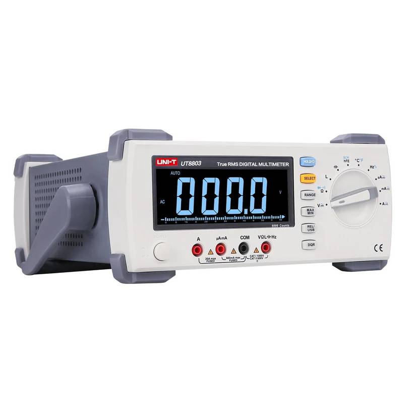 Side-angle view of the robust UNI-T UT8803E Bench Top Multimeter, showing its case design and control panel.