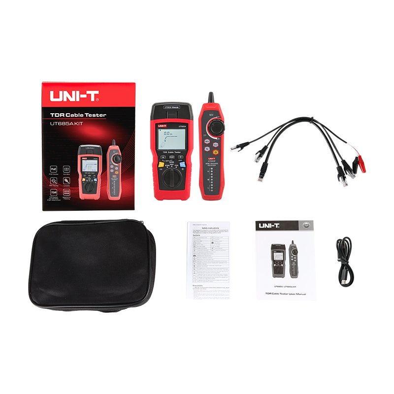 Kompletter Lieferumfang des UNI-T UT685A KIT mit Tasche, Kabeln und Handbuch