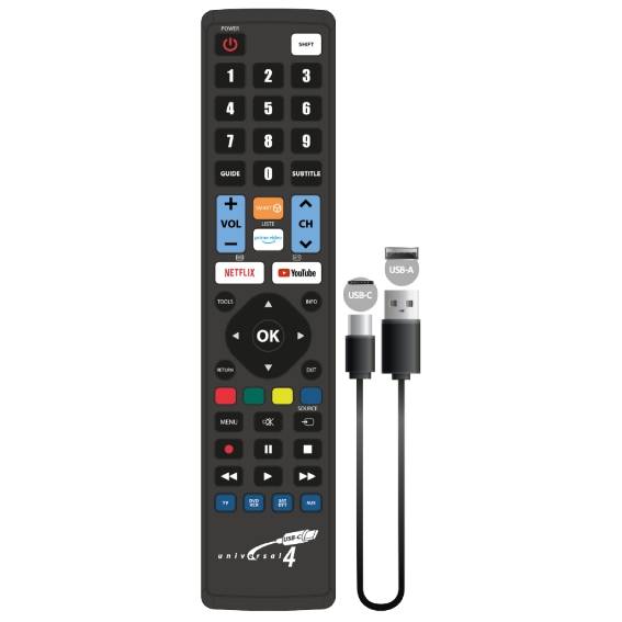 Universal remote control JL3088USB with a USB-C port, shown with the included USB-A to USB-C cable.