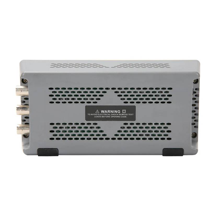 Rear view of the UNI-T UTG962E function generator, showing ventilation slots and a safety warning label for EU-compliant operation.