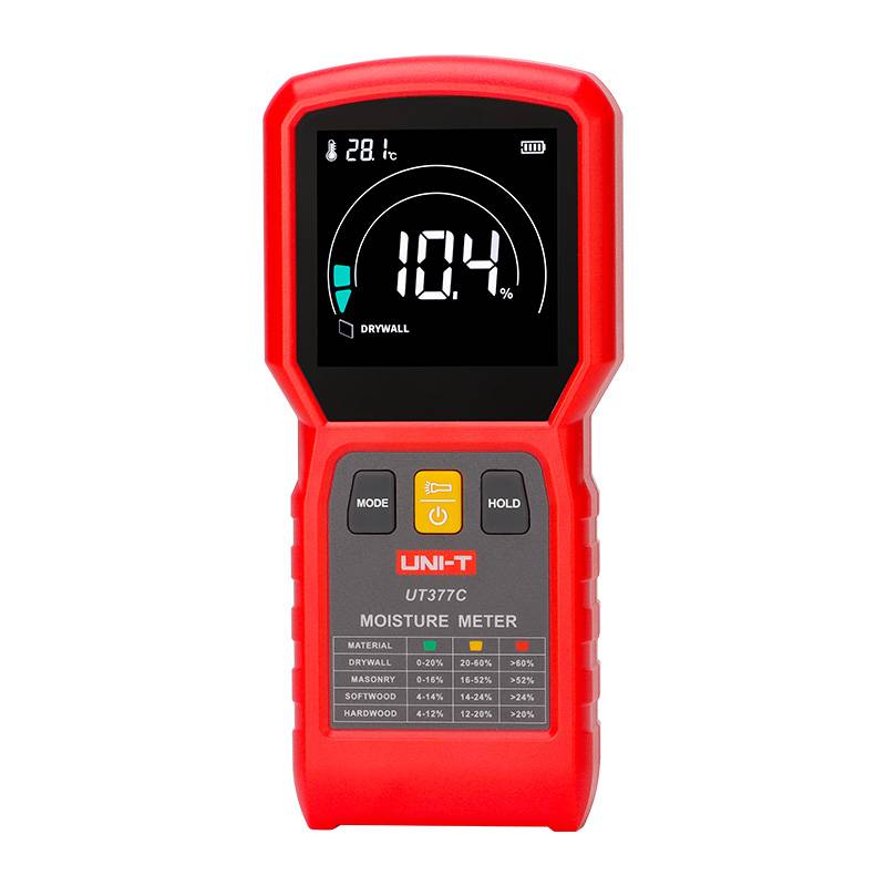 UNI-T UT377C Feuchtigkeitsmessgerät zeigt 10.4% Feuchtigkeit für Trockenbau auf dem beleuchteten EBTN-Display an.