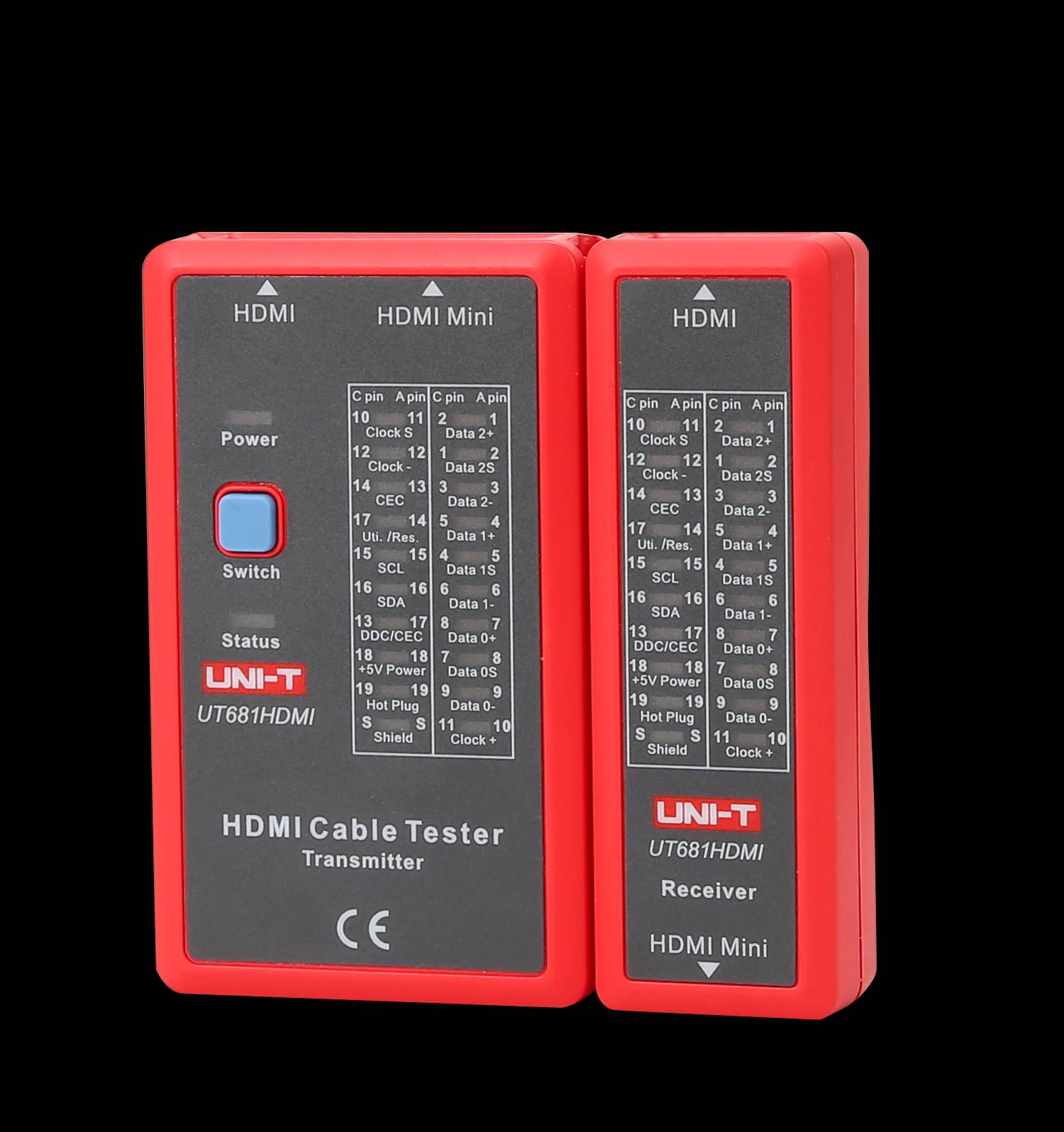 Frontansicht des UT681HDMI Kabeltesters für HDMI und Mini-HDMI, der die intuitive Bedienung über den Switch und die Status-LEDs hervorhebt.