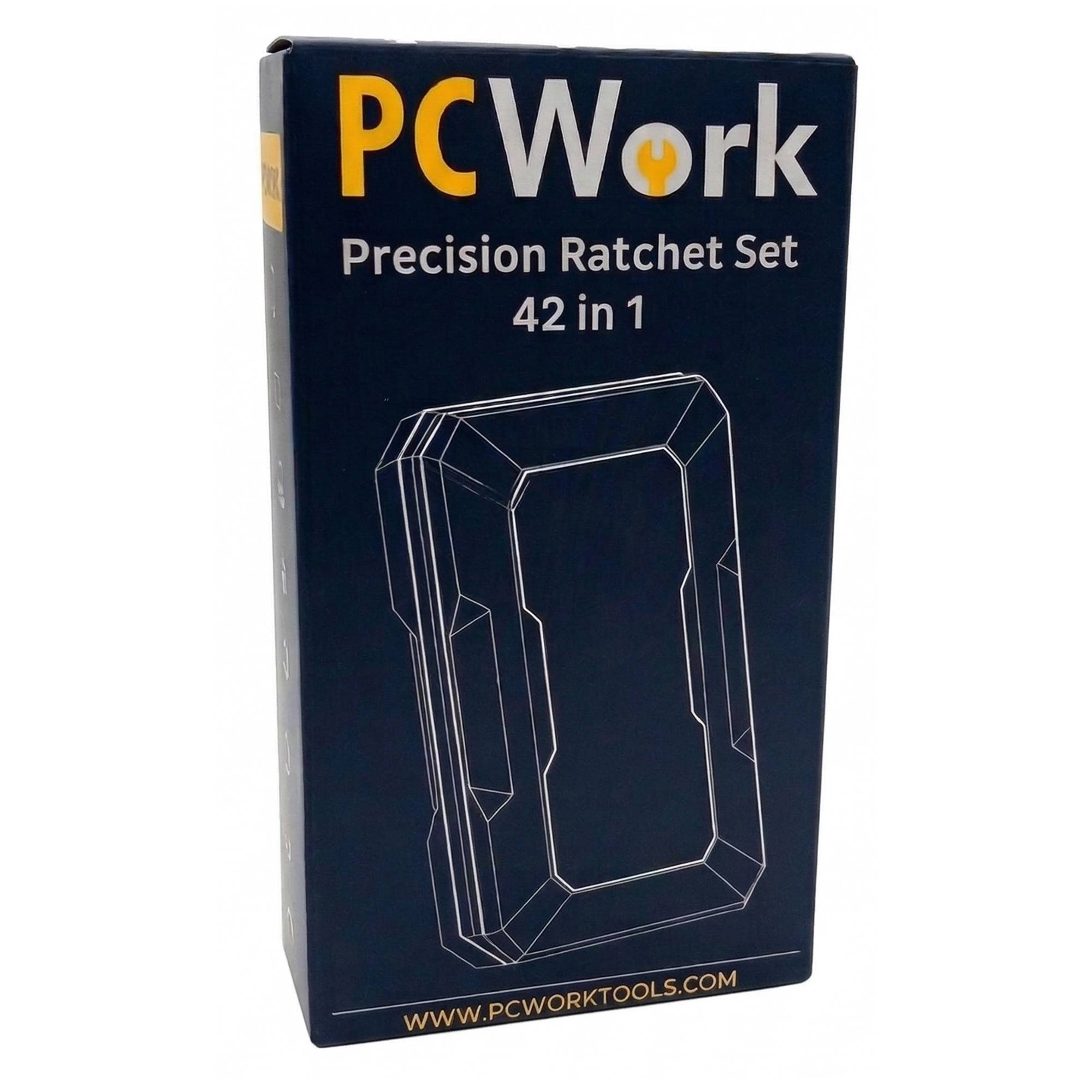 Produktverpackung des PCWork PCW08K Feinmechanik Ratschen Sets, beschriftet als 'Precision Ratchet Set 42 in 1'.