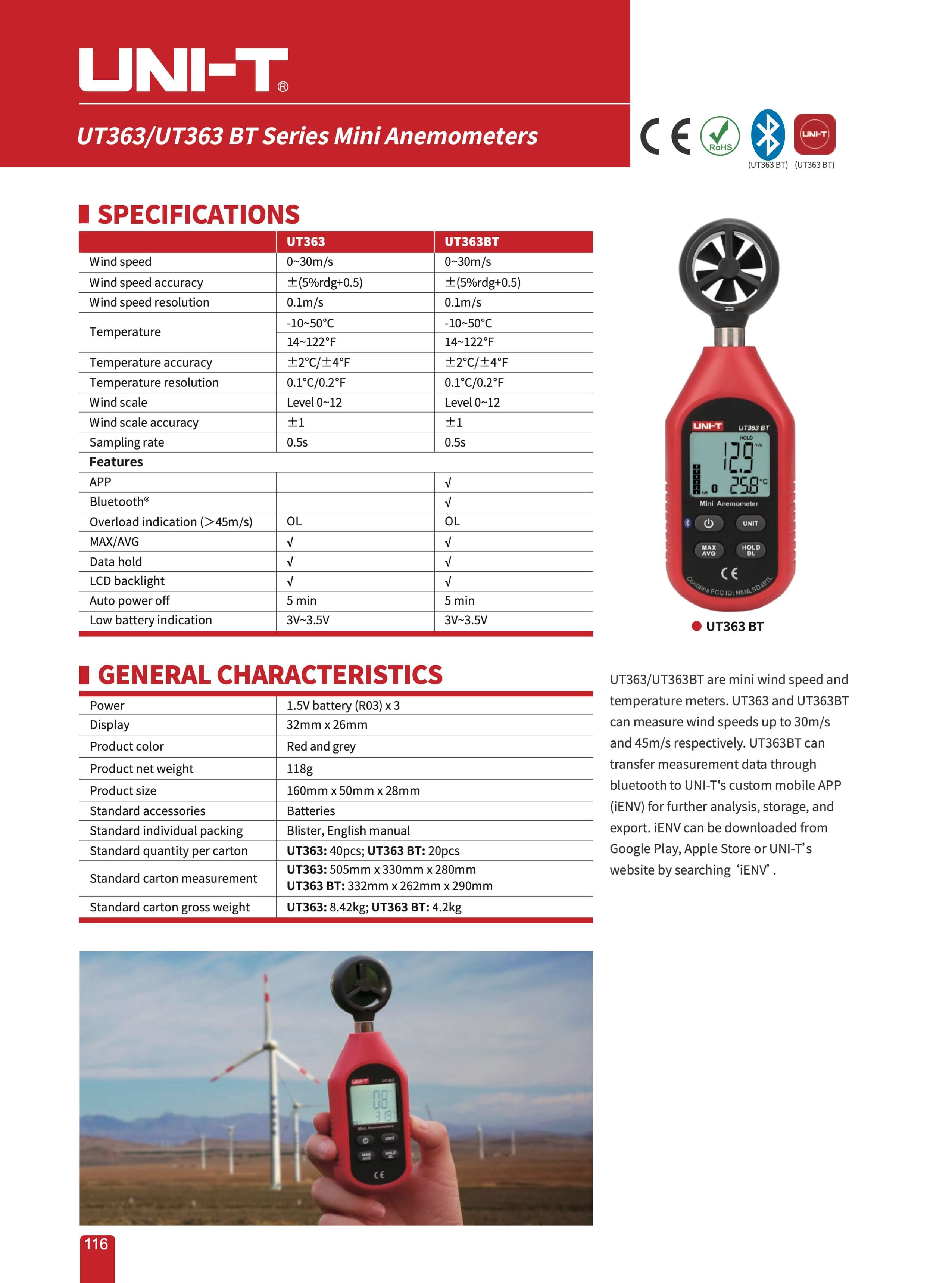 UT363BT Anemometer, Digital, Bluetooth