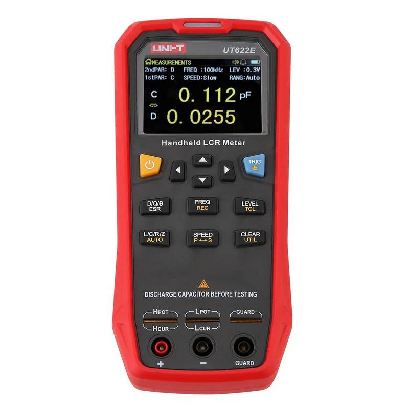 Front view of the UNI-T UT622E handheld LCR meter, with the display showing a high-precision capacitance measurement at 100kHz.