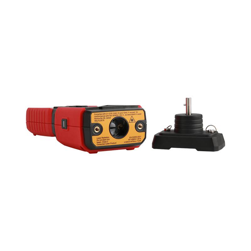 Seitenansicht des UNI-T UT372D mit Laser-Warnhinweis und dem daneben liegenden Kontaktmessrad-Aufsatz.