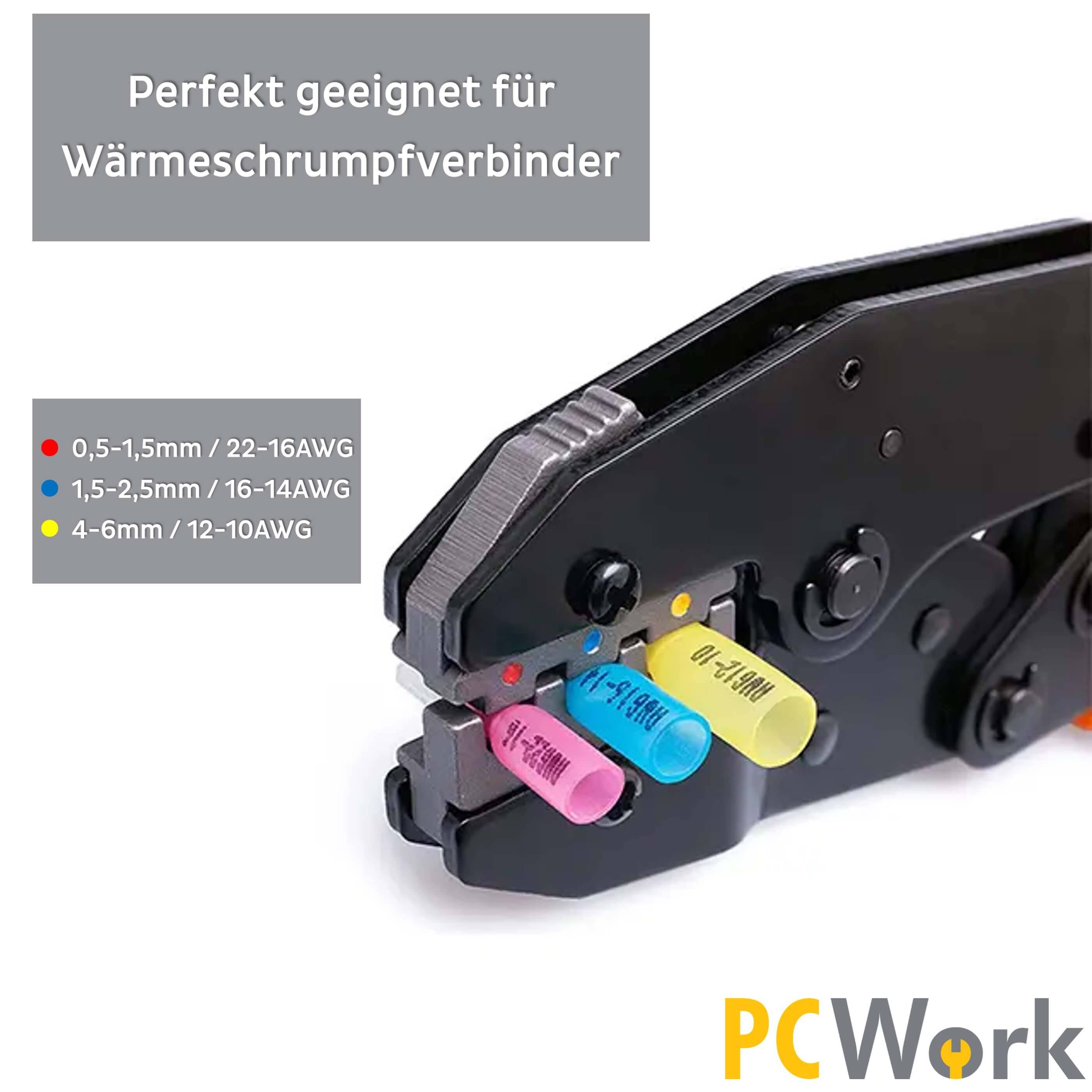Nahaufnahme der PCW04B Crimpzange, die für Wärmeschrumpfverbinder von 0,5 bis 6mm² (22-10AWG) perfekt geeignet ist.
