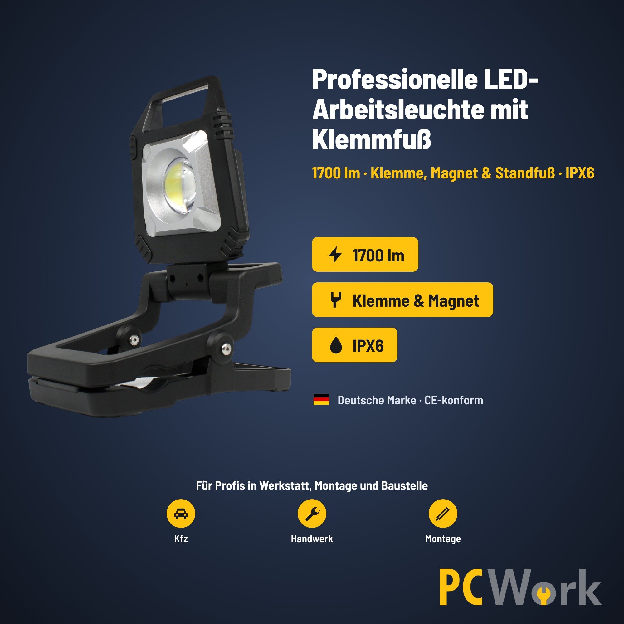 PCW12P LED-Arbeitsleuchte mit 1700 lm, Klemme, Magnetfuß und IPX6-Schutz im Überblick