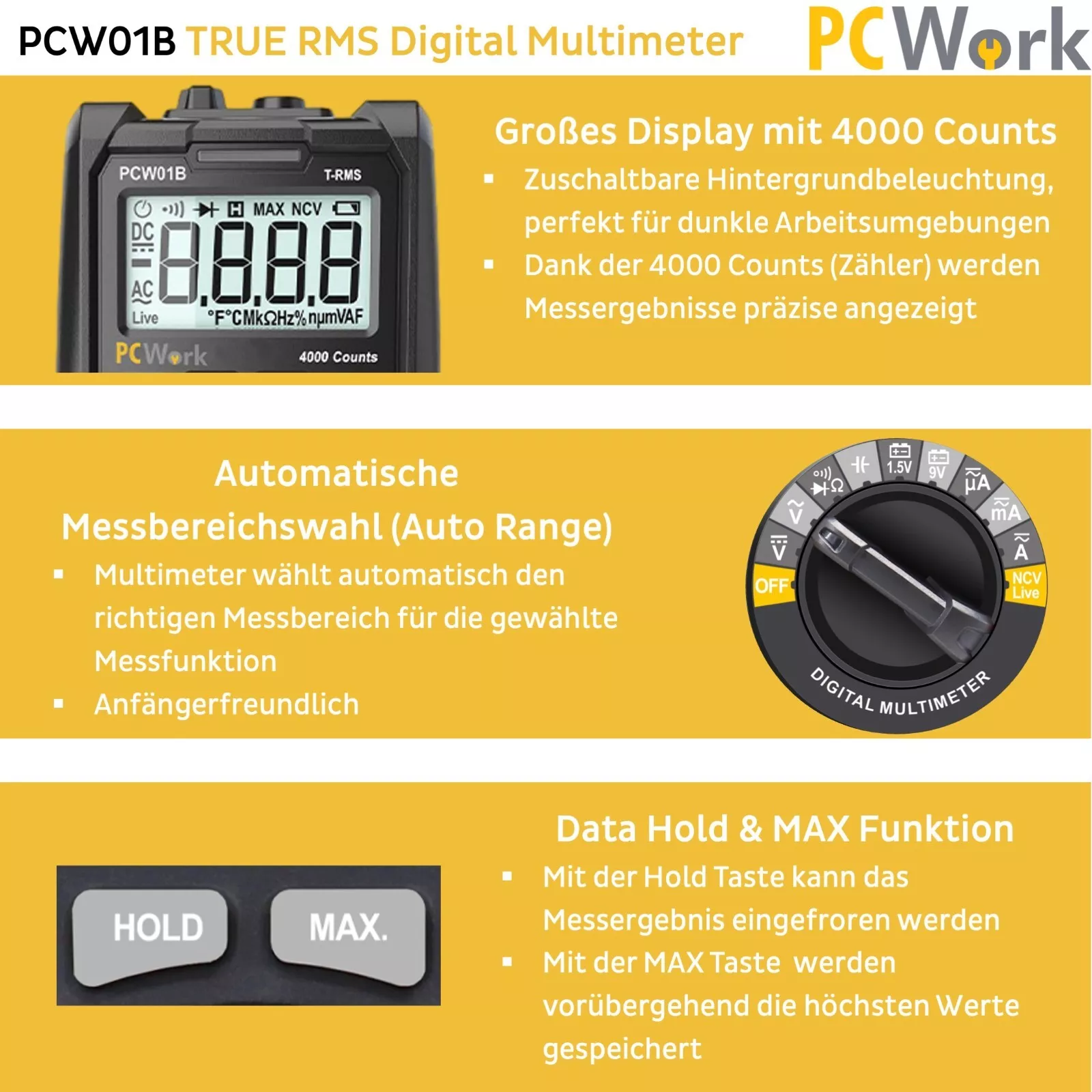 PCW01B Digitalmultimeter, True RMS, Auto Range