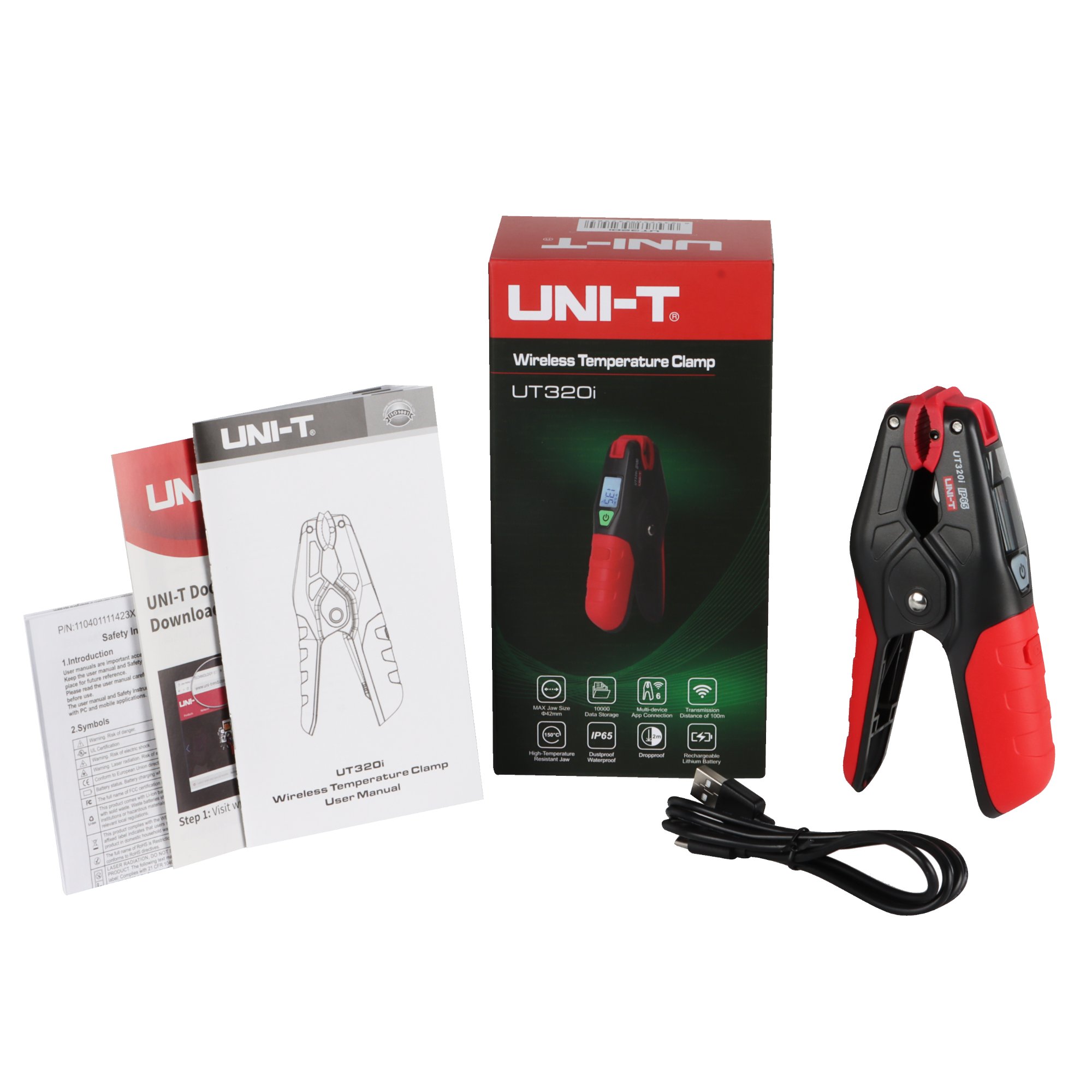 Produktverpackung, Zubehör und Funk-Temperaturzange UT320i in der Übersicht