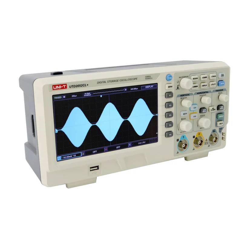 Angled side view of the UNI-T UTD2052CL+ Digital Storage Oscilloscope, showing the chassis and the active display.