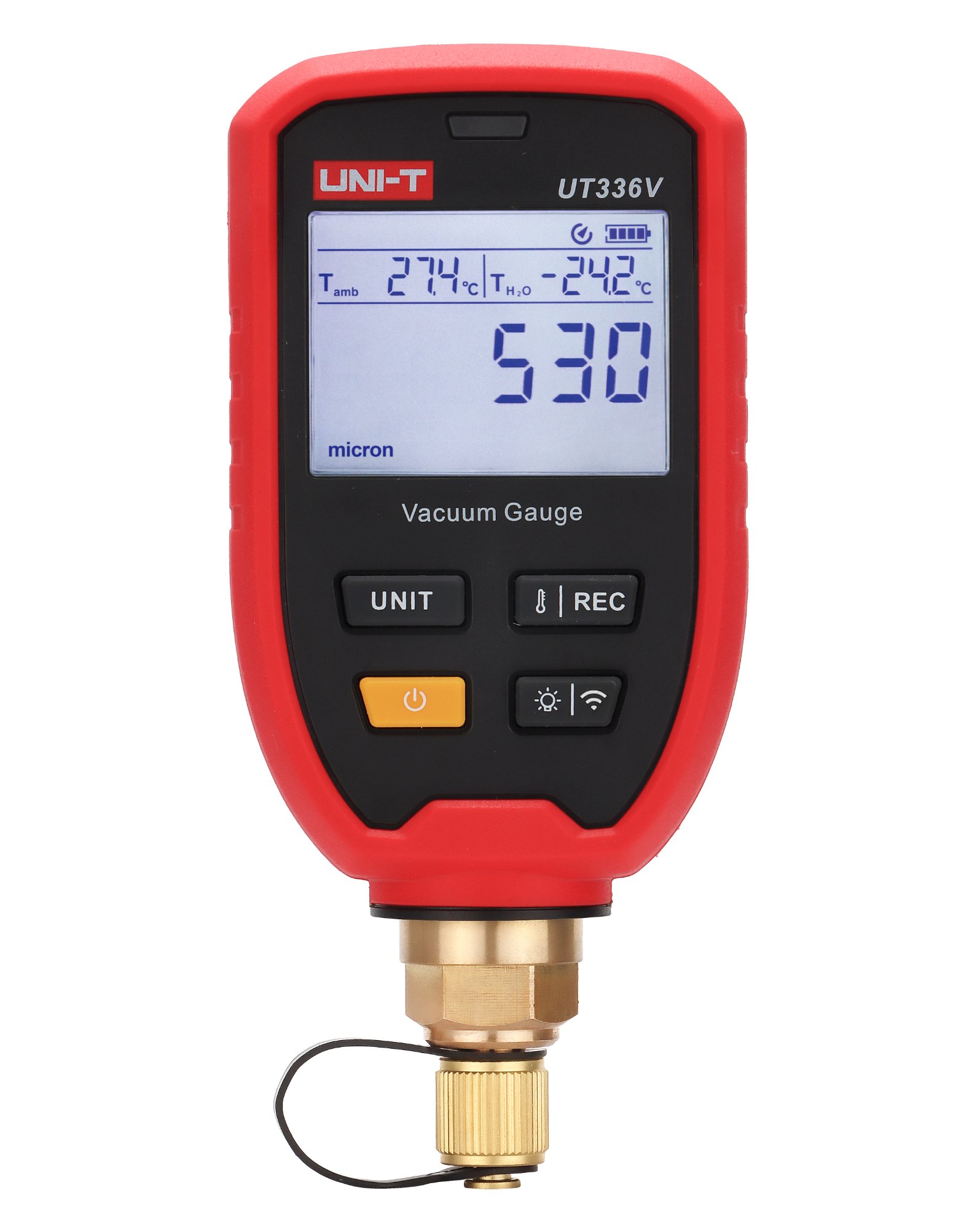 Vorderansicht des digitalen Bluetooth-Vakuummeters UNI-T UT336V mit beleuchteter LCD-Anzeige und Messinganschluss