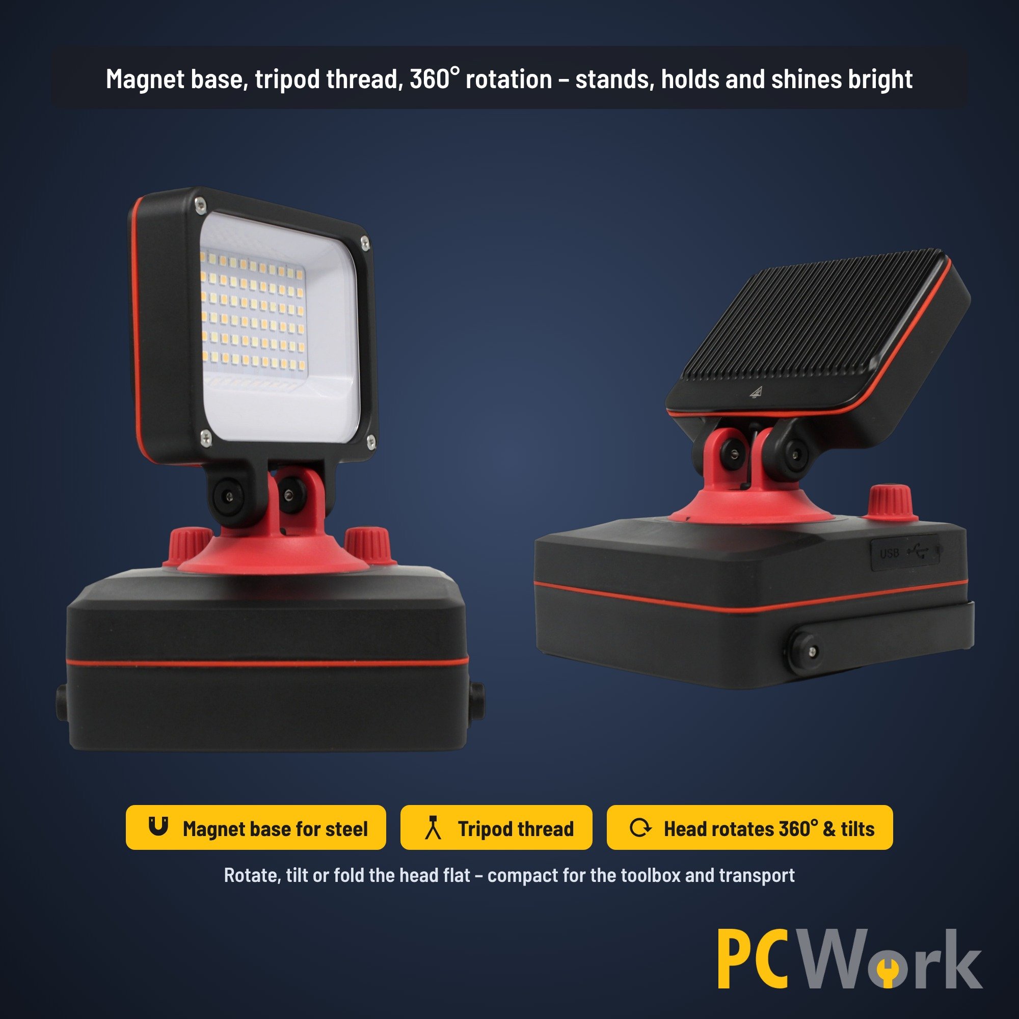 PCW12Q englische Infografik zu Stativgewinde, Magnetfuß und Neigefunktion