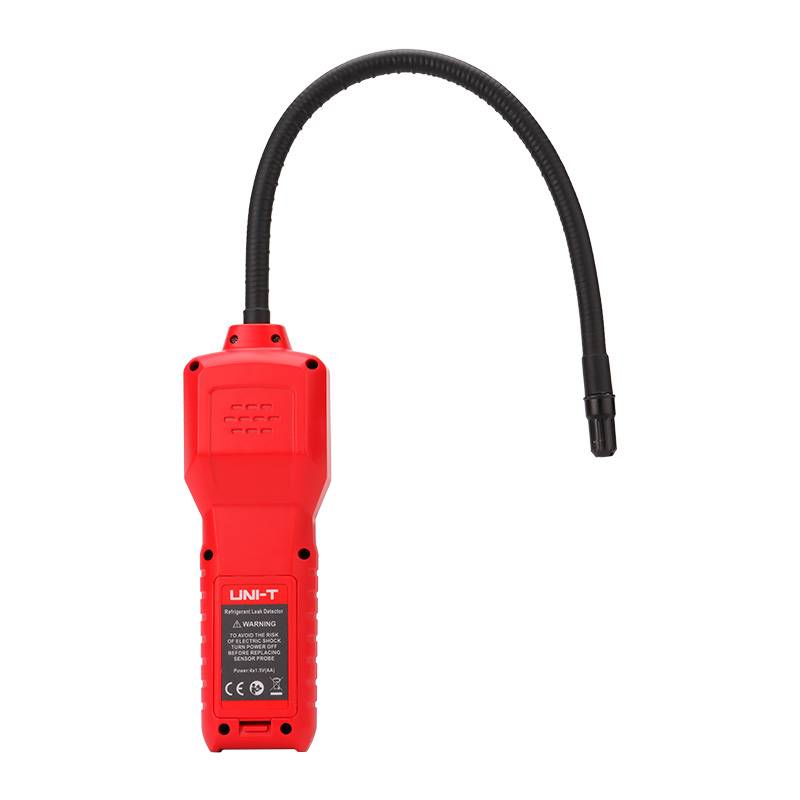 Rear view of the UNI-T UT336A refrigerant leak detector showing the battery compartment, warning labels, and CE certification.
