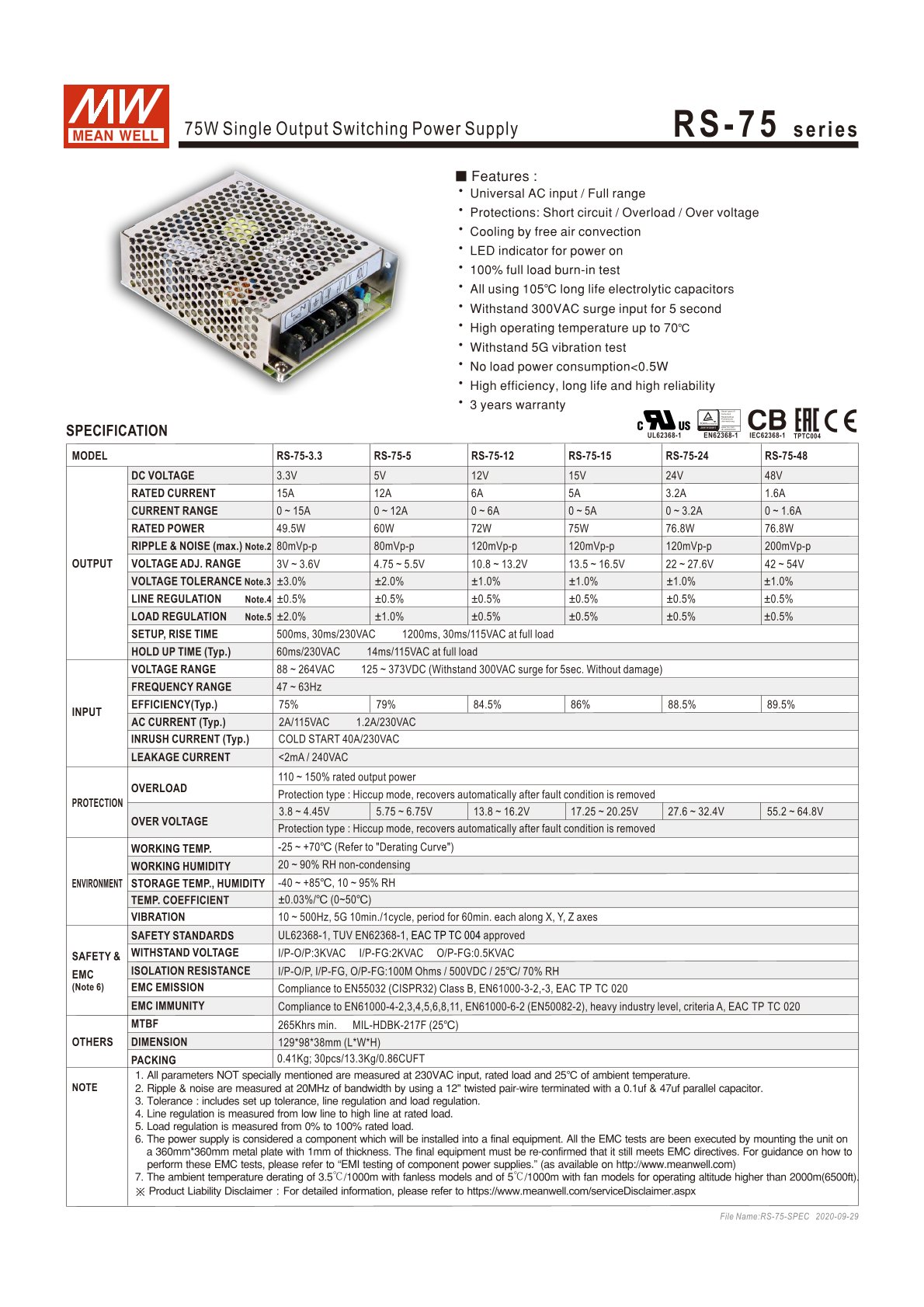 RS-75-24 Switching power supply, closed, 76W, 24V, 3,2A, MEAN WELL
