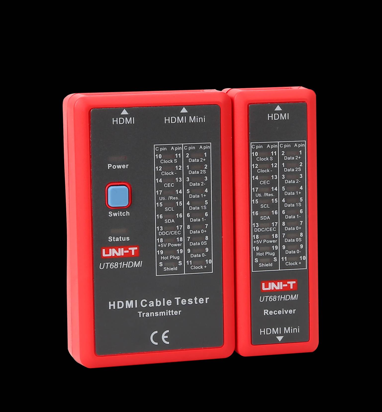 Professionelles Produktfoto des roten UT681HDMI Kabeltesters von UNI-T vor schwarzem Hintergrund, das Transmitter und Receiver zeigt.