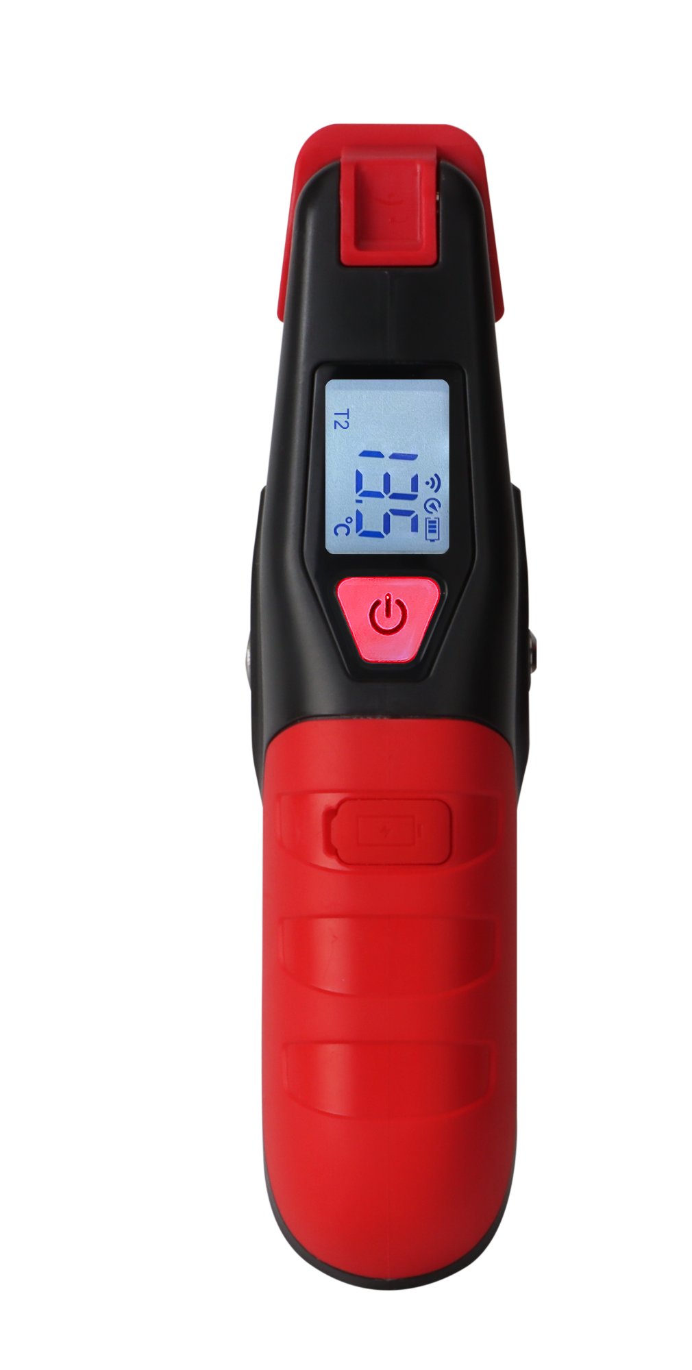 UT320i Temperaturzange in Frontalansicht mit rot beleuchtetem Ein-/Ausschalter und Digitalanzeige