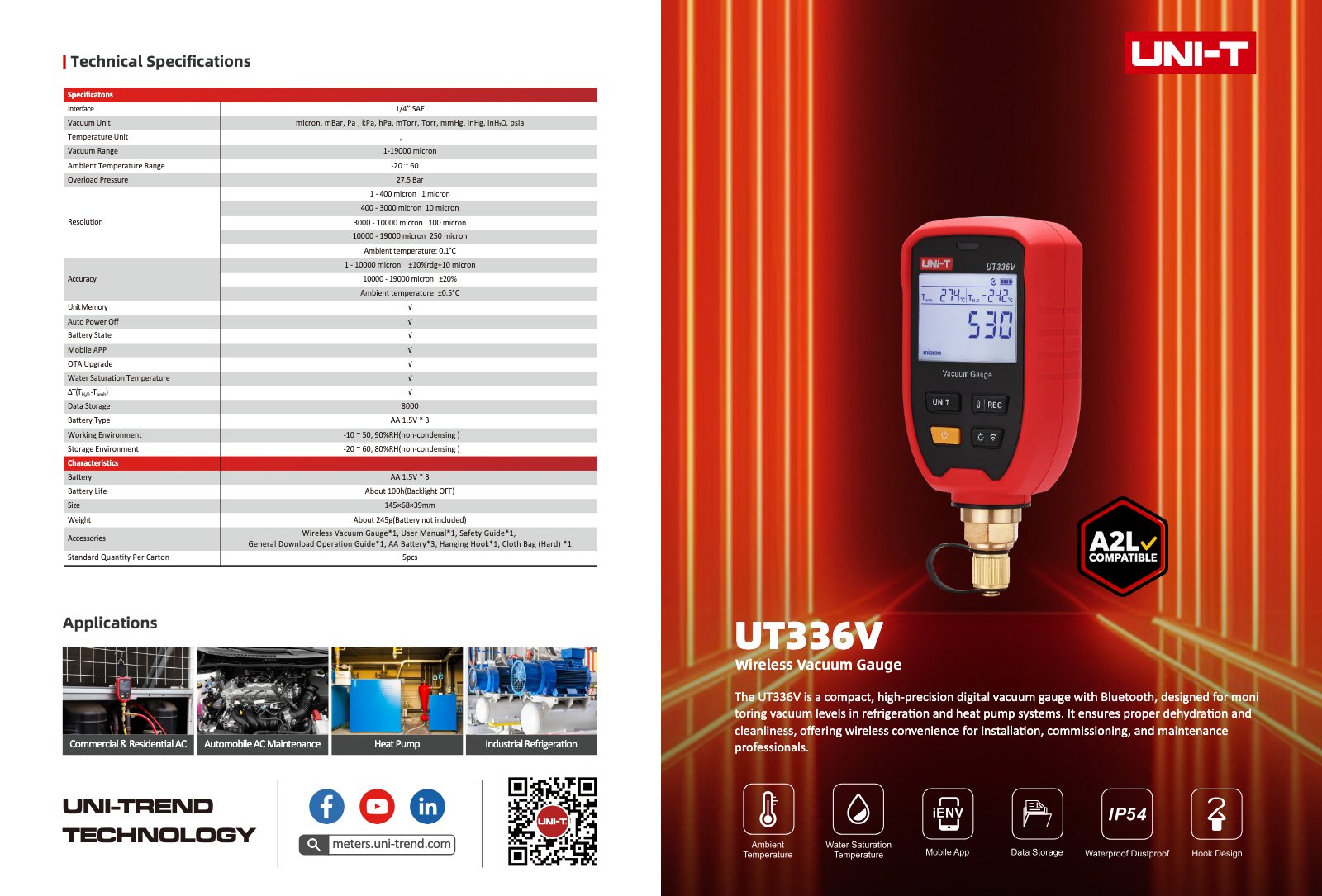Technisches Datenblatt Seite 1: Spezifikationen, Messbereiche und Anwendungsbereiche des UNI-T UT336V Vakuummeters