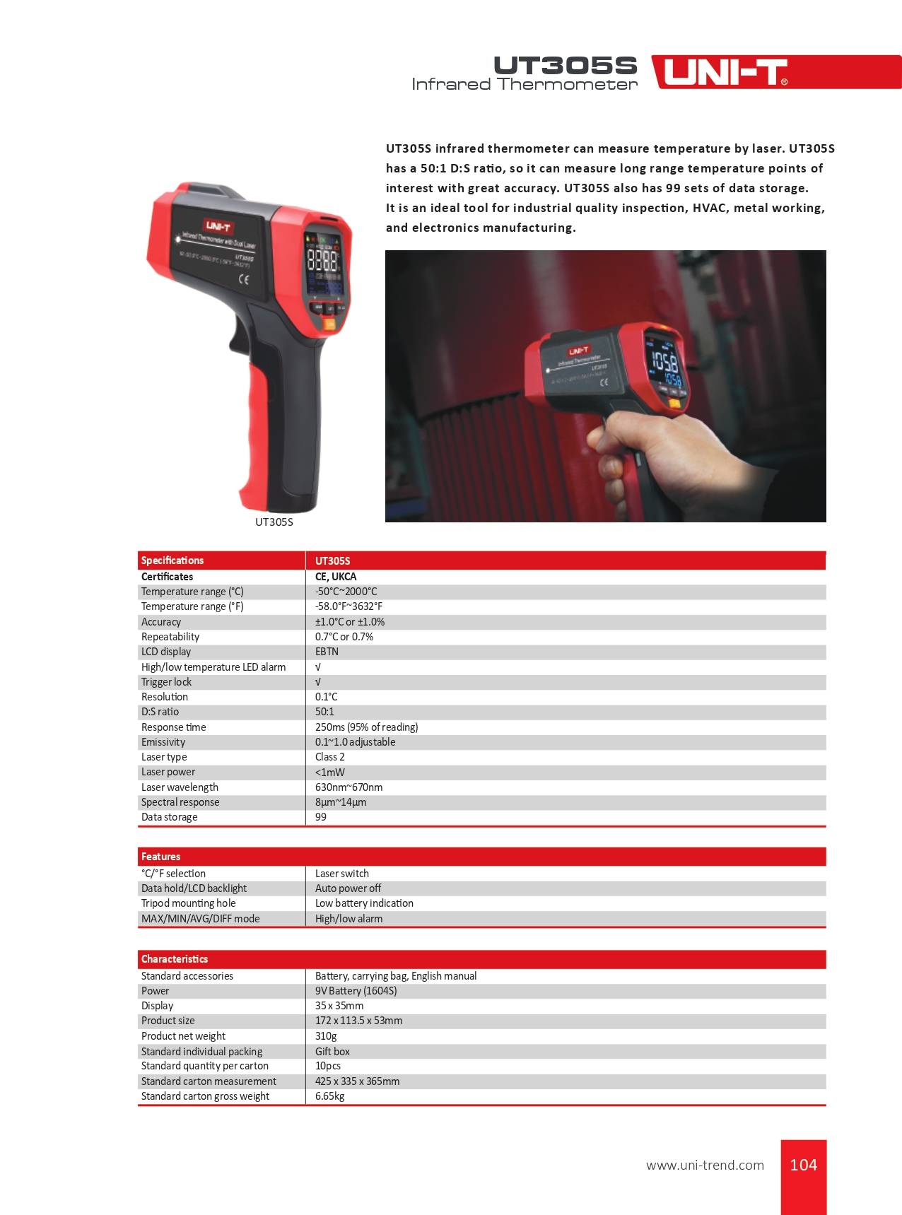 Datasheet for the UNI-T UT305S infrared thermometer, showing all technical specifications and features at a glance.