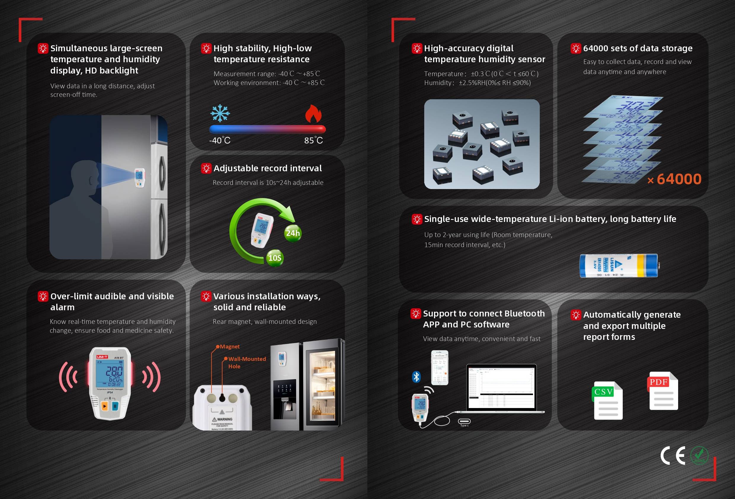Infografik zu den Hauptmerkmalen des UNI-T A56 BT: großer Datenspeicher, akustischer Alarm, Bluetooth-App und verschiedene Befestigungsoptionen.