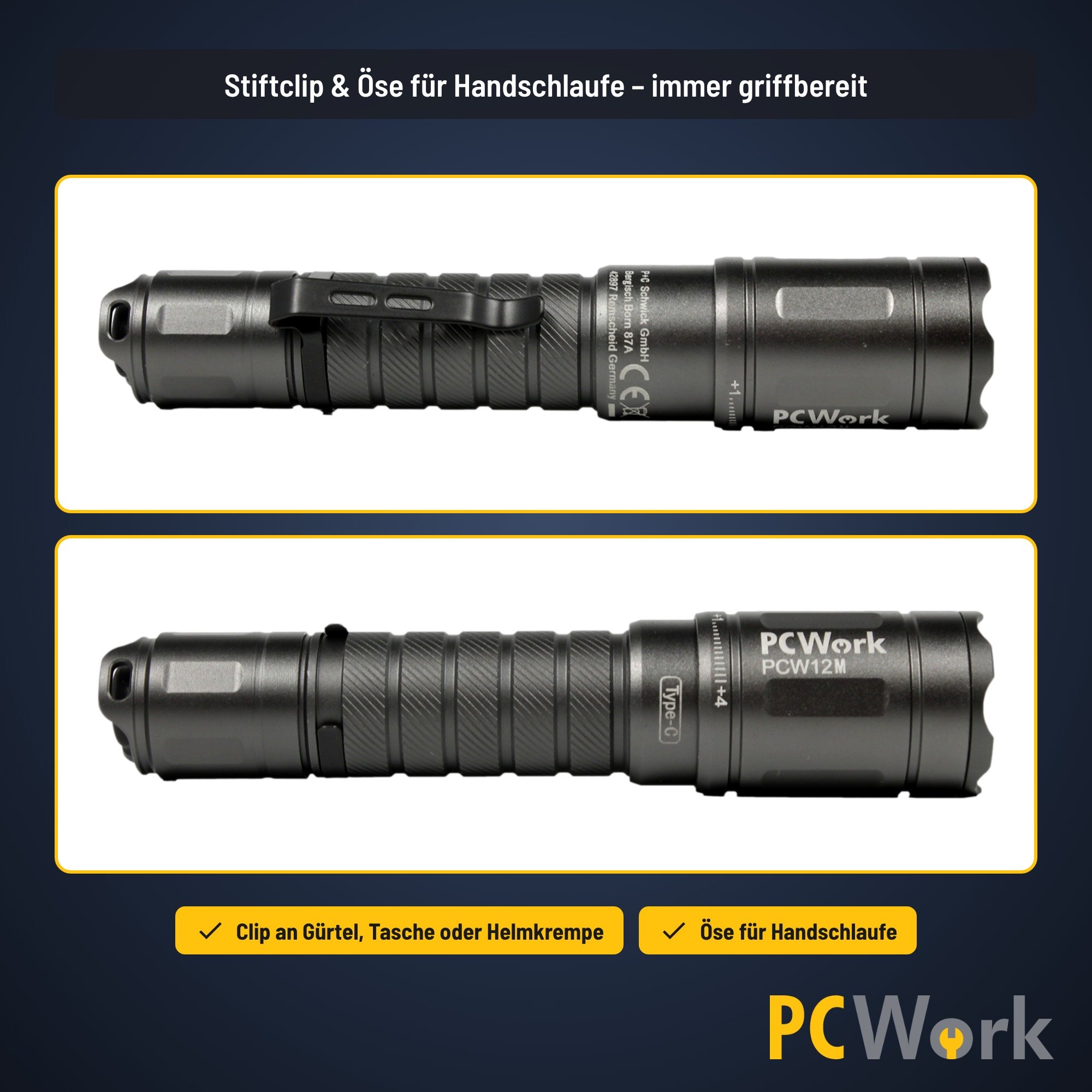 Befestigungsdetails der PCW12M LED-Taschenlampe mit praktischem Halteclip und Handschlaufen-Öse