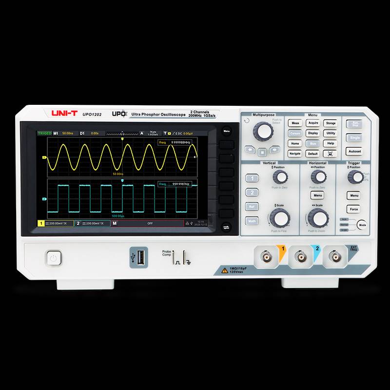 Professional UNI-T UPO1102 digital oscilloscope with 100 MHz bandwidth and Ultra Phosphor 2.0 technology, front view on a black background.