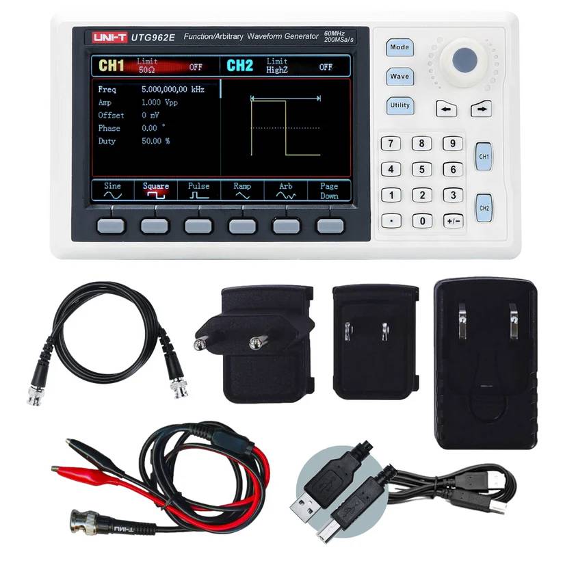 Complete package contents of the UNI-T UTG962E function generator, including the device, international power adapters, USB cable, and BNC test leads.