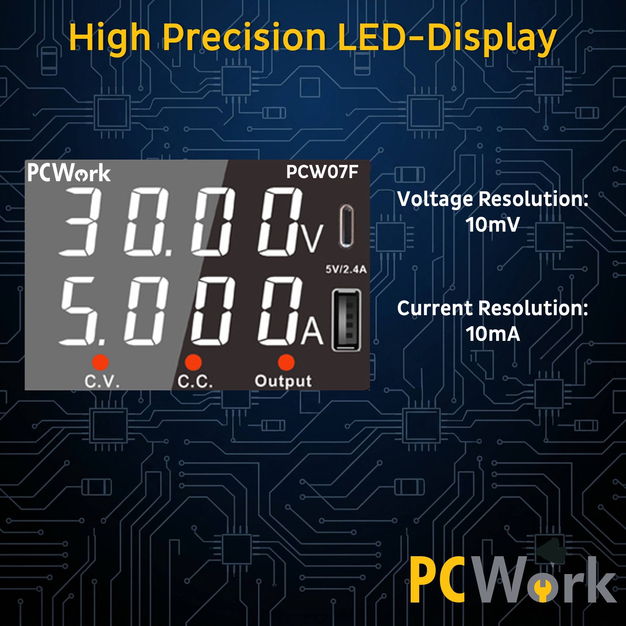 Hochpräzises LED-Display des PCW07F Labornetzteils mit englischer Angabe der Auflösung: 10mV für Spannung und 10mA für Strom.