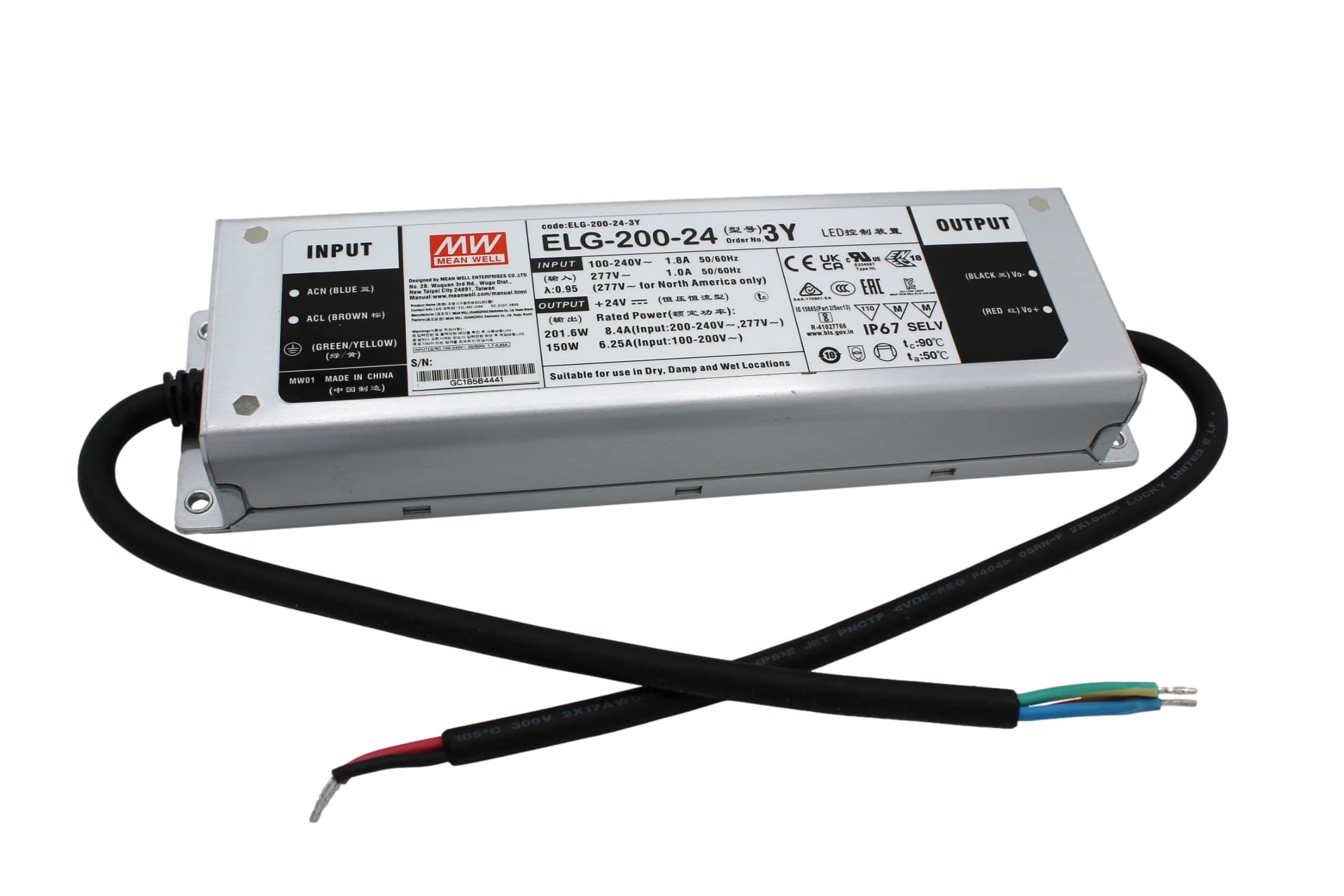 ELG-200-24-3Y Led-Trafo, IP67 201,6W, 24V, 8,4A CV+CC + PE, MEAN WELL