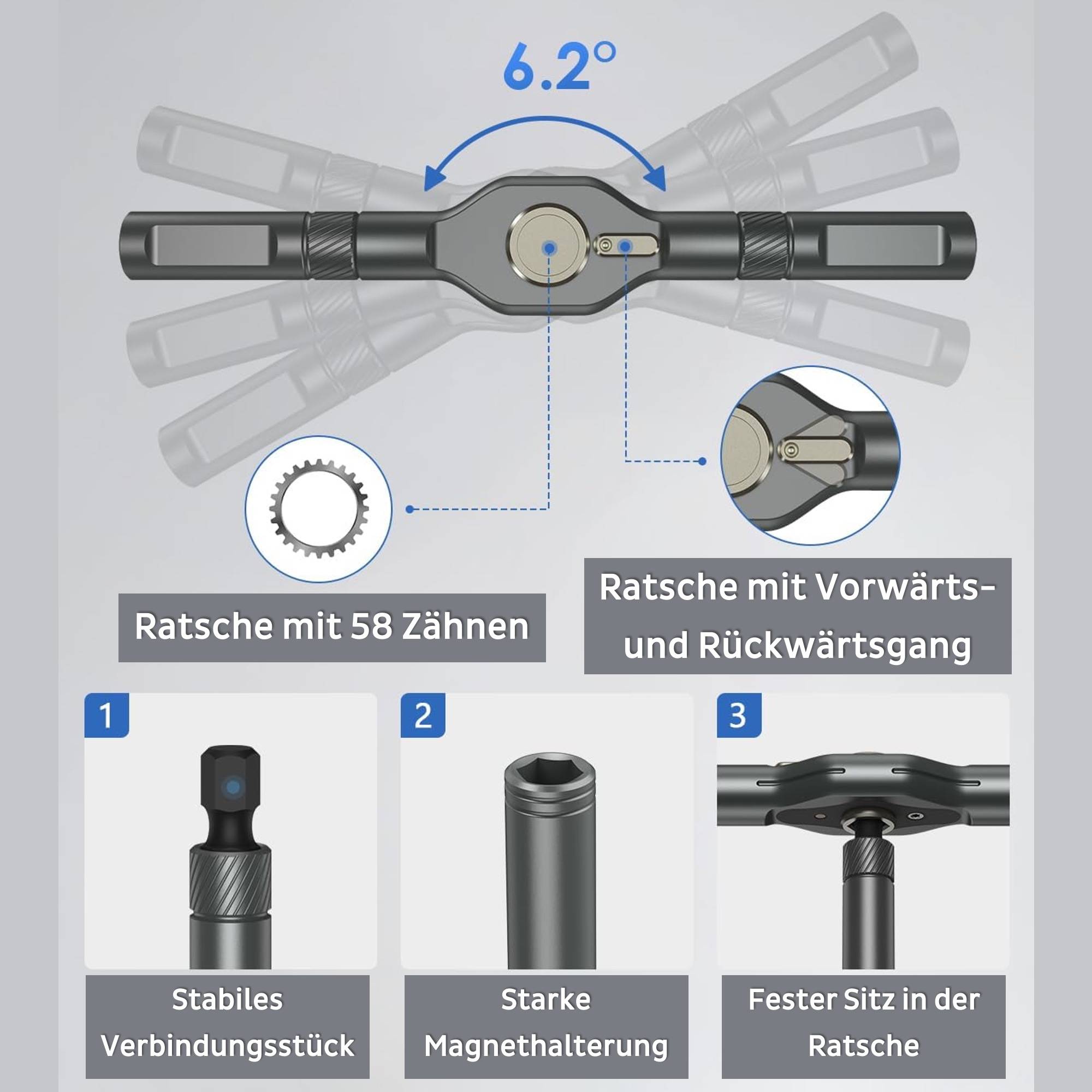 Technische Details der PCWork PCW08K Ratsche: 58 Zähne, 6.2° Rückschwenkwinkel, Magnet-Halterung und Umschaltfunktion.