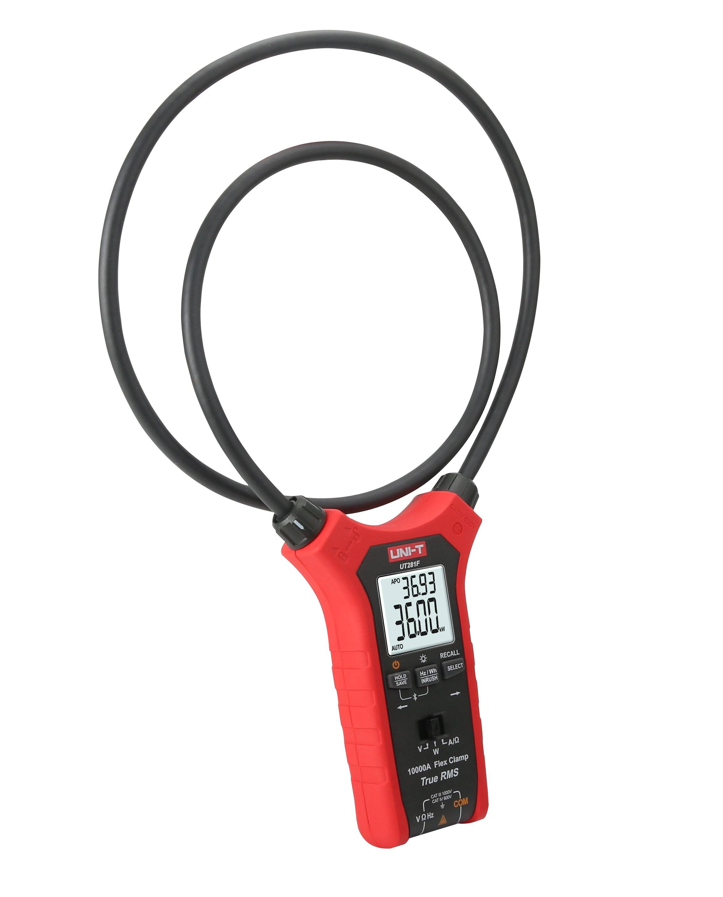 Schrägansicht der eingeschalteten UNI-T UT281F Flexiblen Stromzange mit beleuchtetem Display, das einen Messwert anzeigt.
