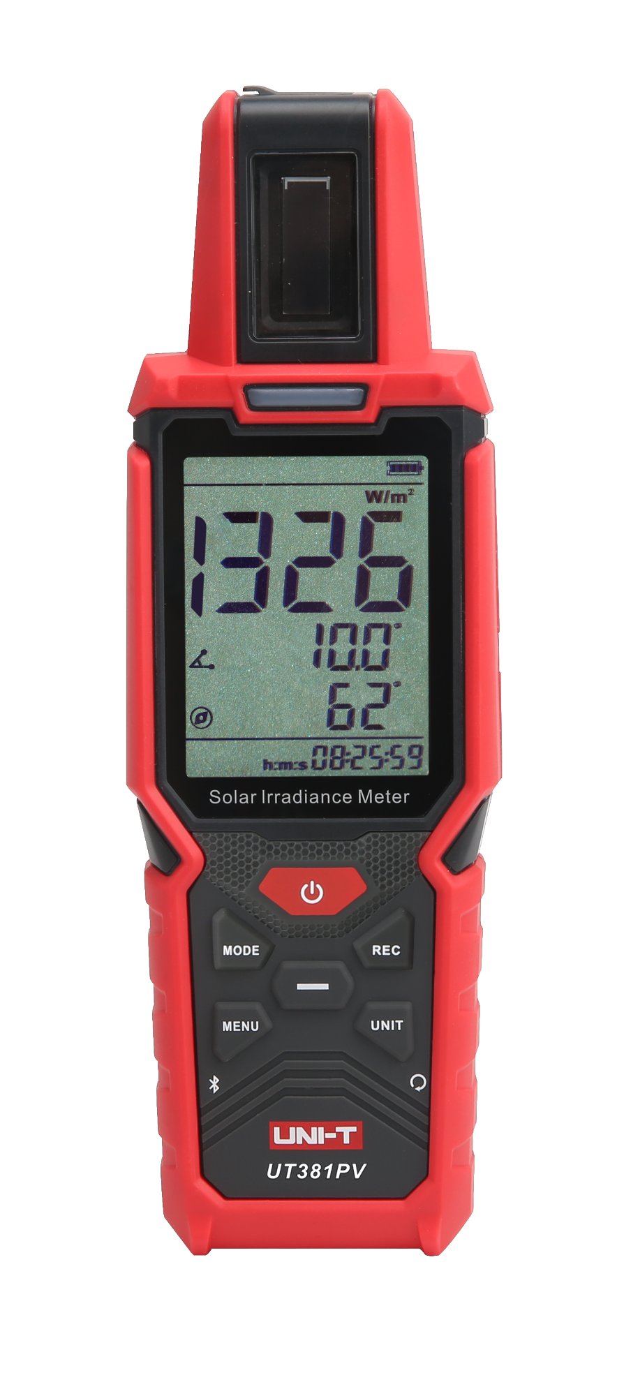 Vorderseite des UNI-T UT381PV Messgeräts mit Einstrahlungswert sowie Neigungswinkel- und Azimutanzeige.