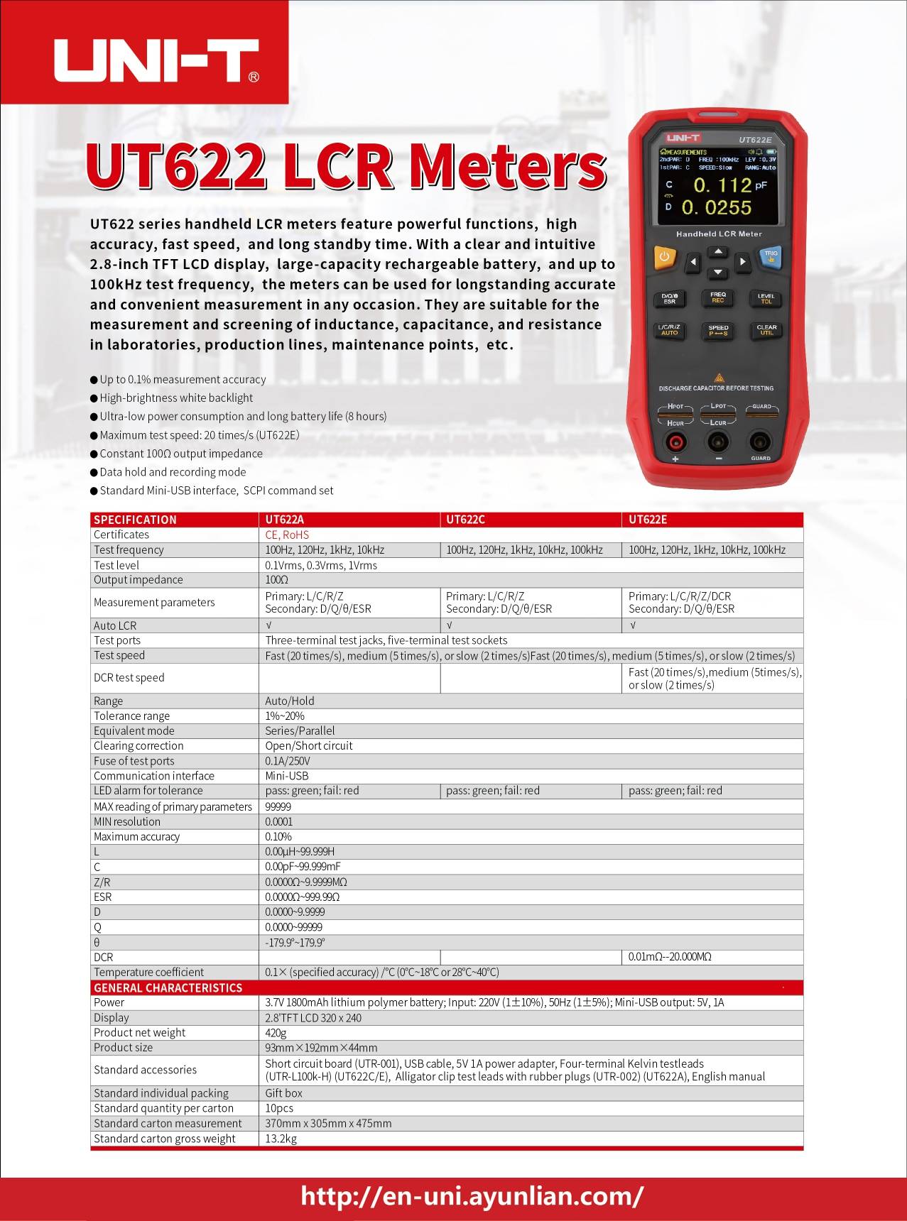 Datasheet for the UNI-T UT622E LCR meter, showing detailed technical specifications including its 0.1% measurement accuracy and 100kHz frequency range.