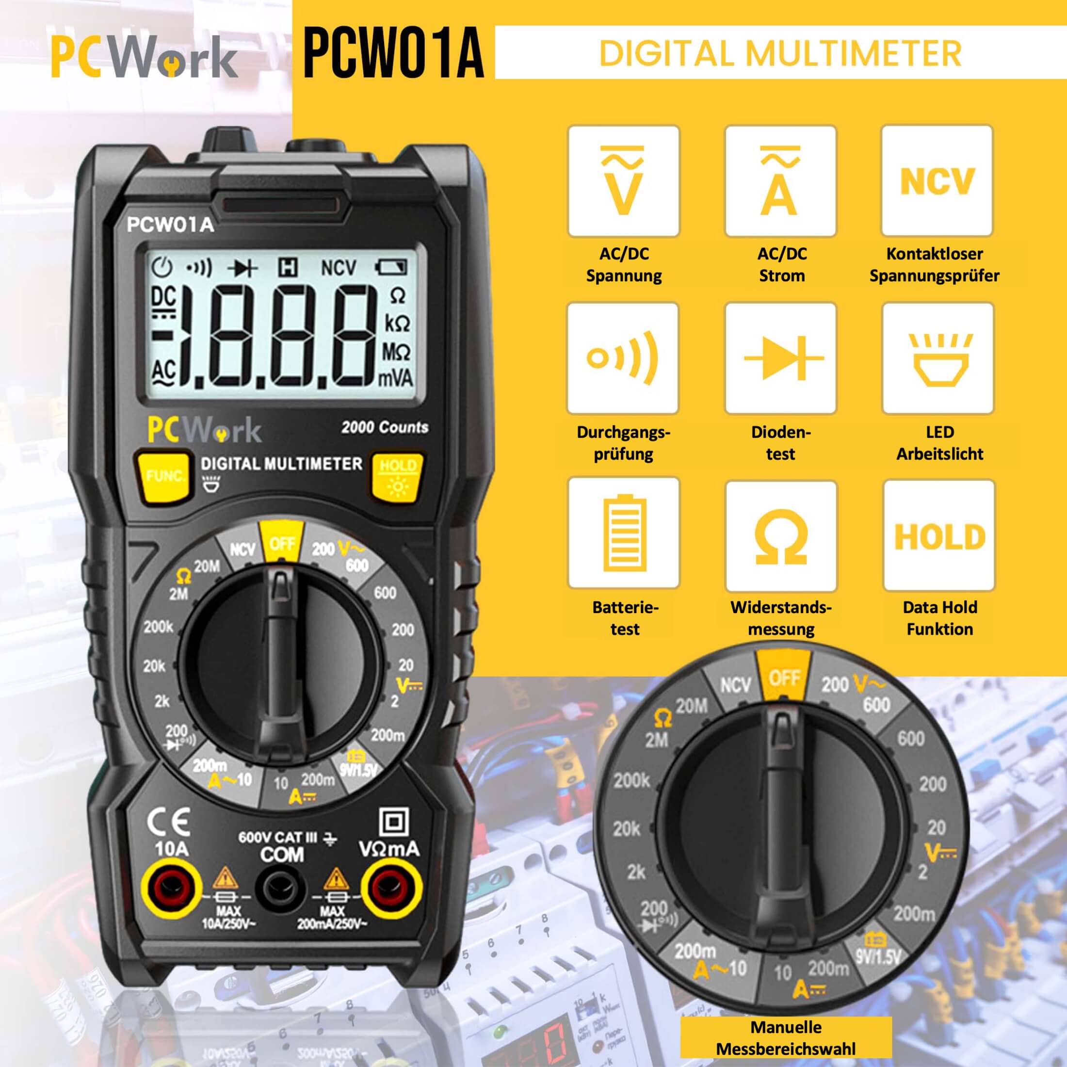 PCW01A Digitalmultimeter, 2000 Counts, CAT III 600V PCW01A Digitalmultimeter, 2000 Counts, CAT III 600V