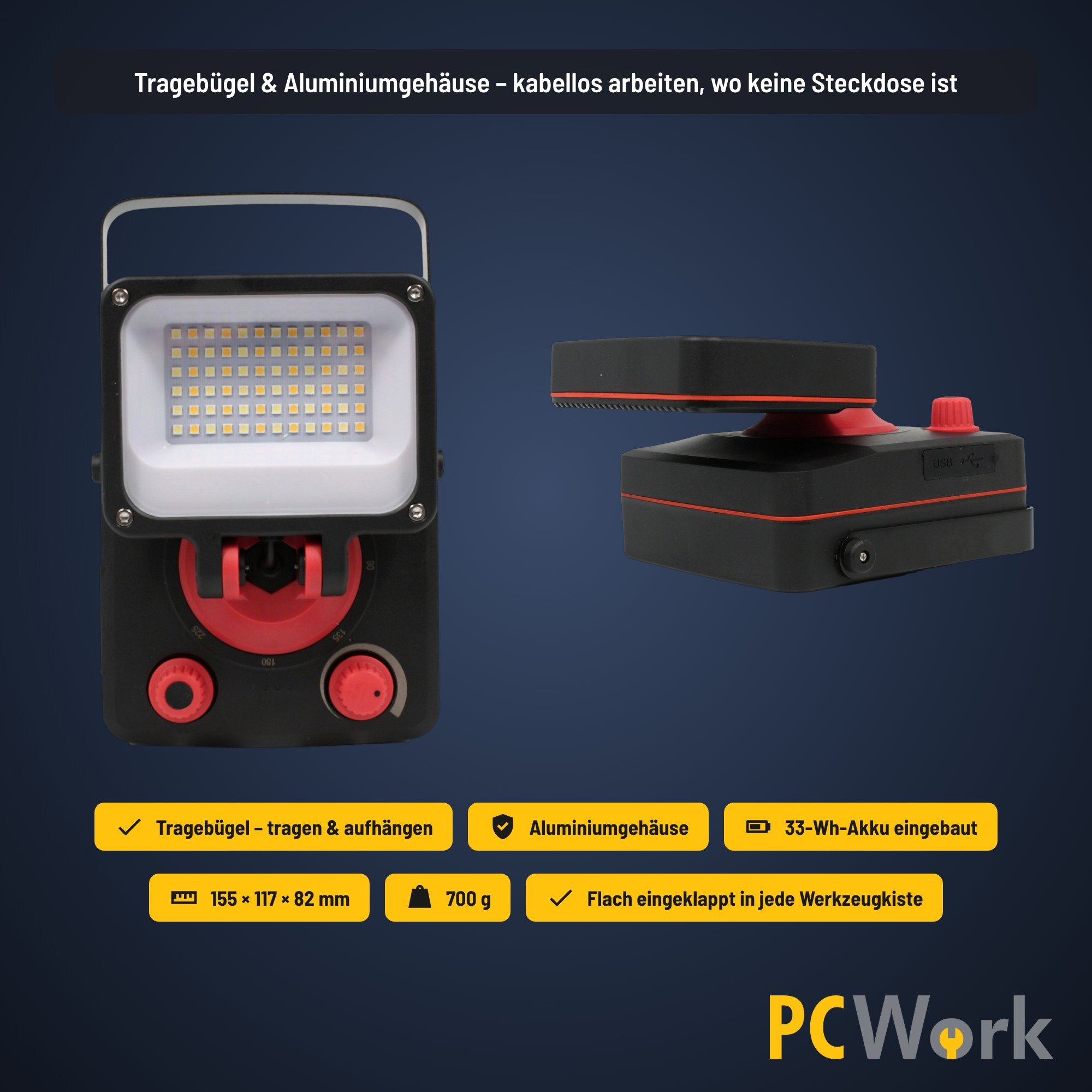 PCW12Q Arbeitsleuchte zusammengeklappt und stehend mit Tragebügel