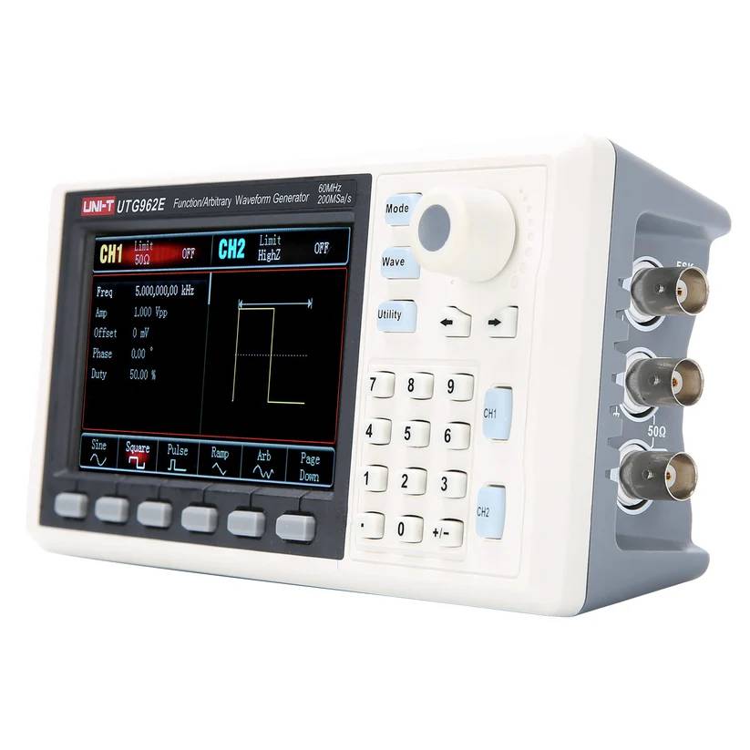 Angled view of the UNI-T UTG962E function generator, highlighting the BNC outputs for the two independent channels on the side.