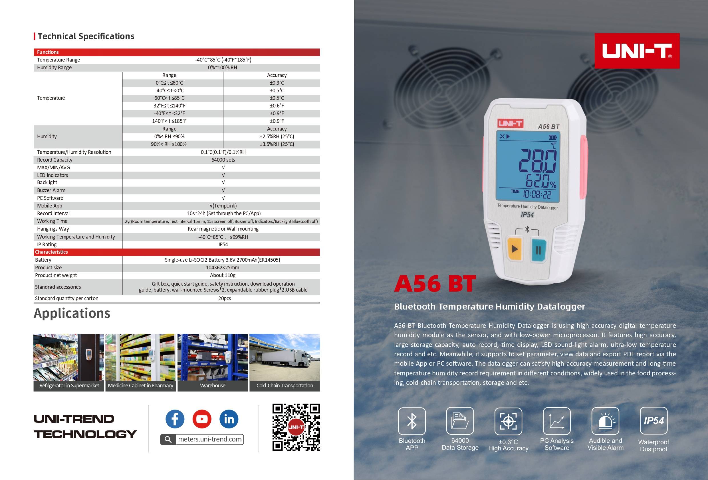 Datenblatt des UNI-T A56 BT mit technischen Spezifikationen, Funktionen wie Bluetooth und Anwendungsbeispielen für die Temperaturüberwachung.