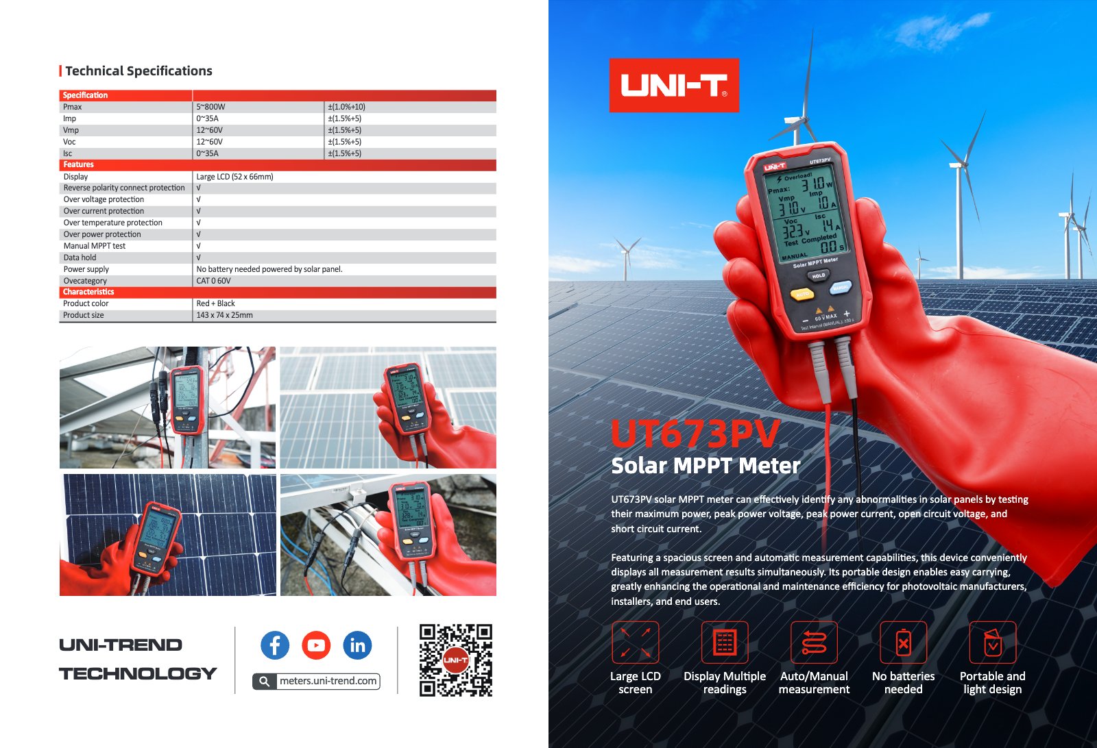 Technisches Datenblatt Seite 1: Spezifikationen und Funktionen des UT673PV Solar Panel Testers.